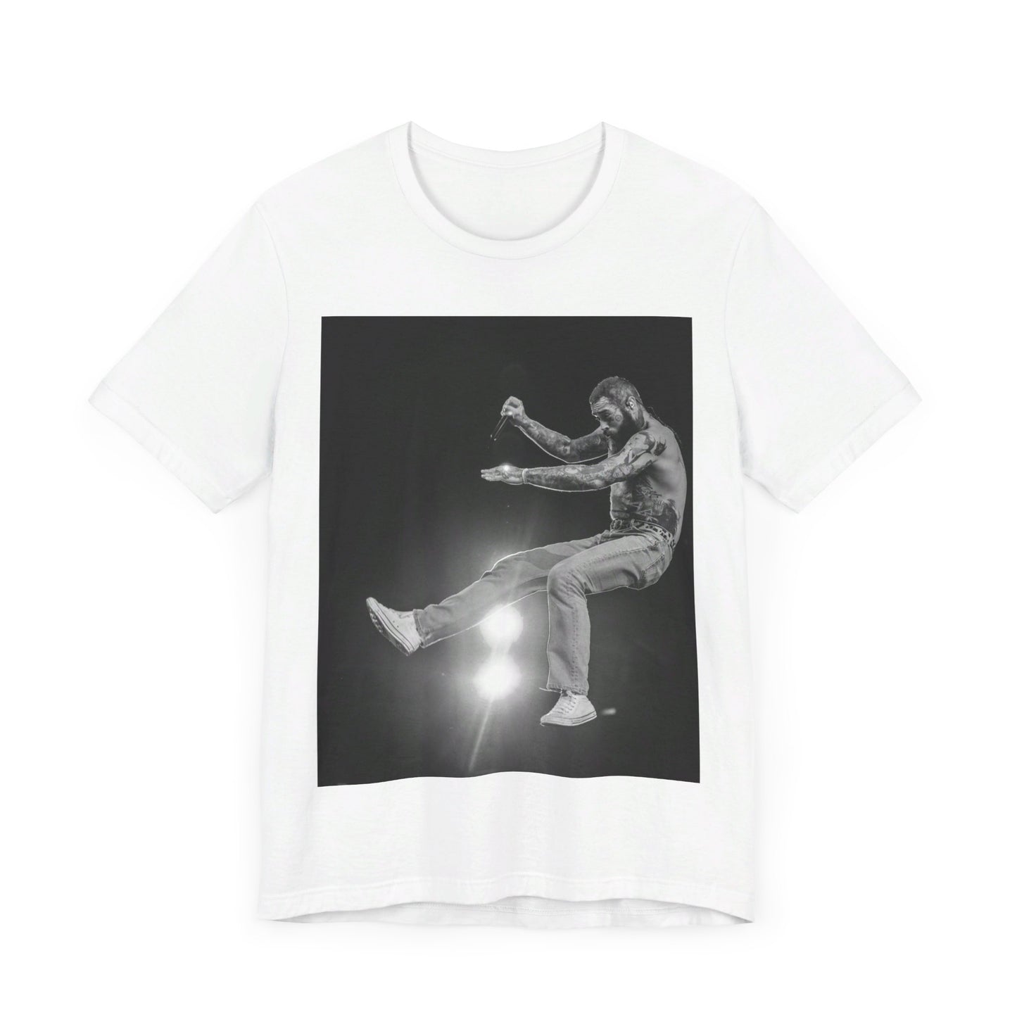 A black graphic t-shirt featuring a vintage graphic or photo of Post Malone performing live.