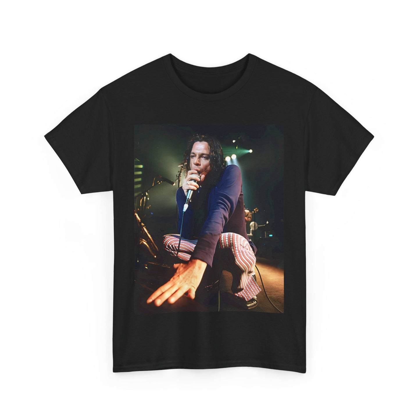 A black graphic t-shirt featuring a graphic related to INXS's 'Elegantly Wasted' album era.