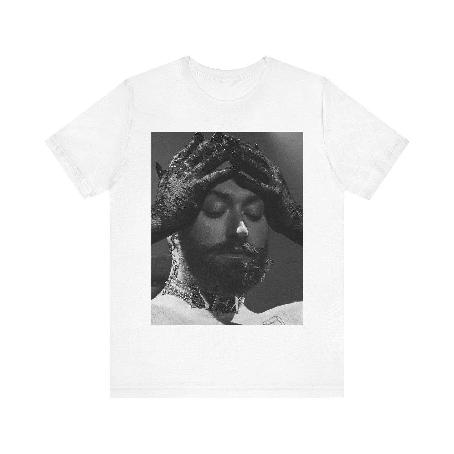 A black graphic t-shirt featuring a black and white graphic or photo of Sam Smith performing live on stage.