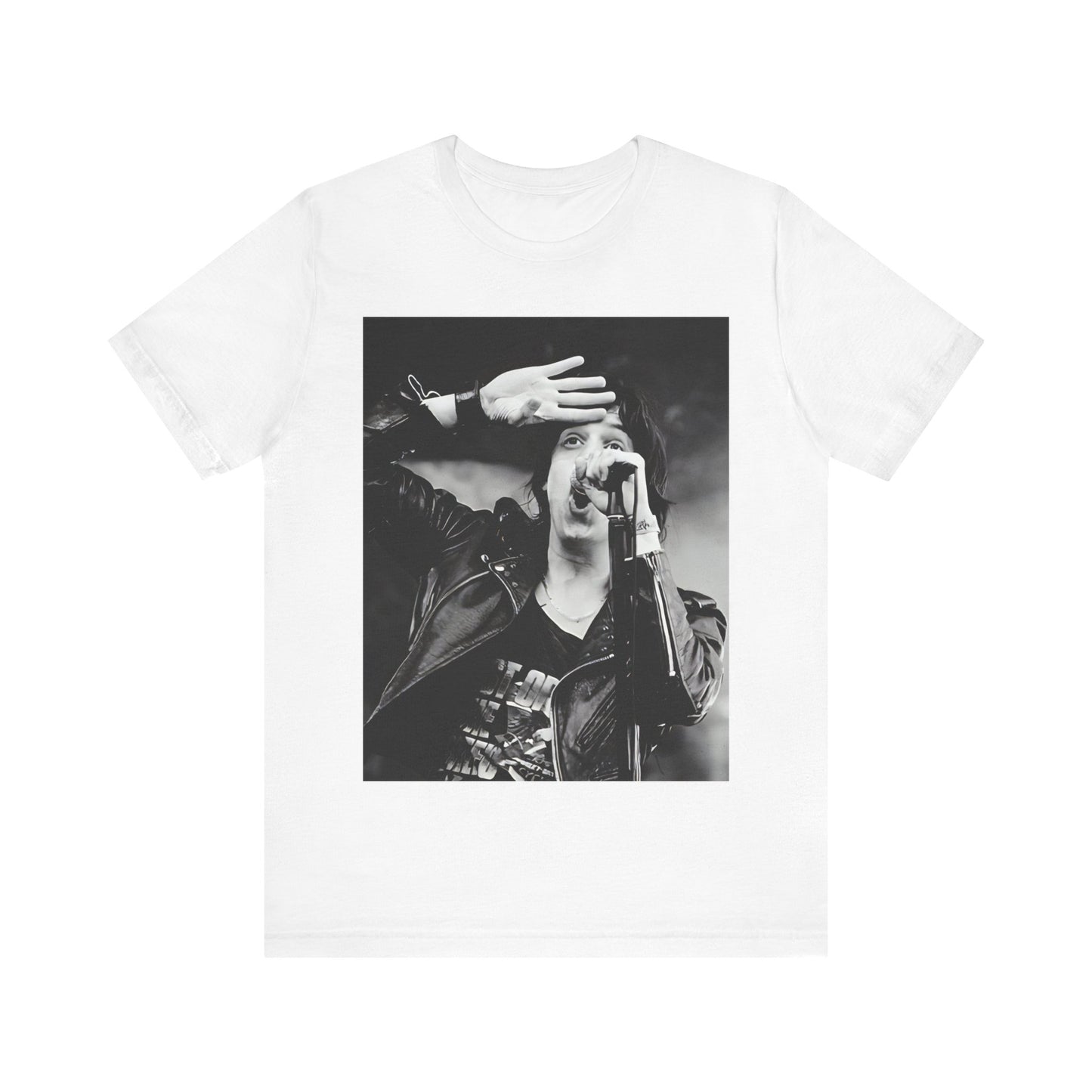 A black graphic t-shirt featuring a black and white portrait photo of The Strokes band.