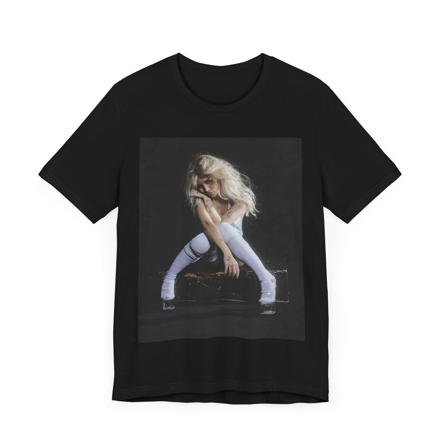 A black graphic t-shirt featuring a graphic of Nessa Barrett with dark pop vibes aesthetic.