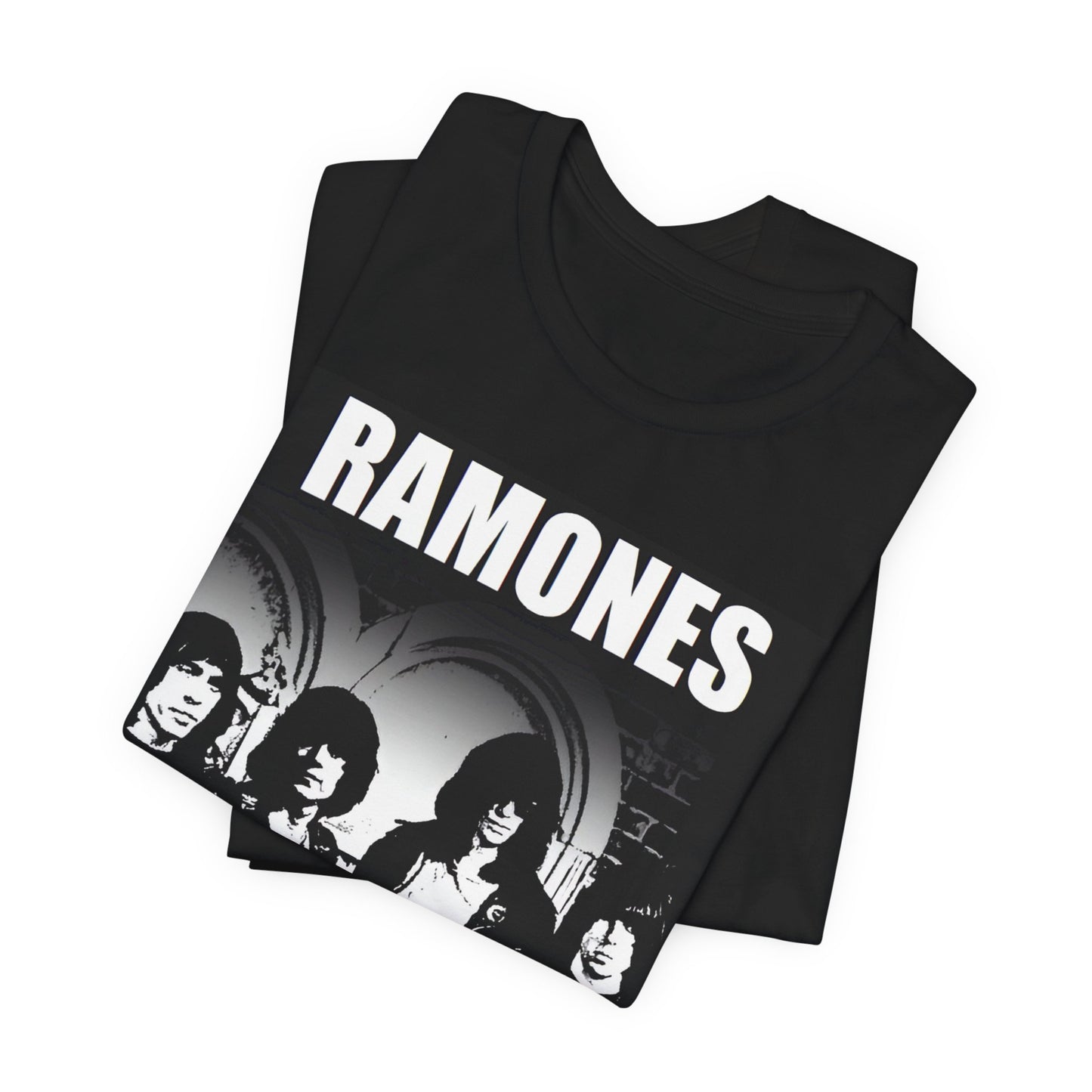 A black graphic t-shirt featuring a graphic of the Ramones as punk rock pioneers.