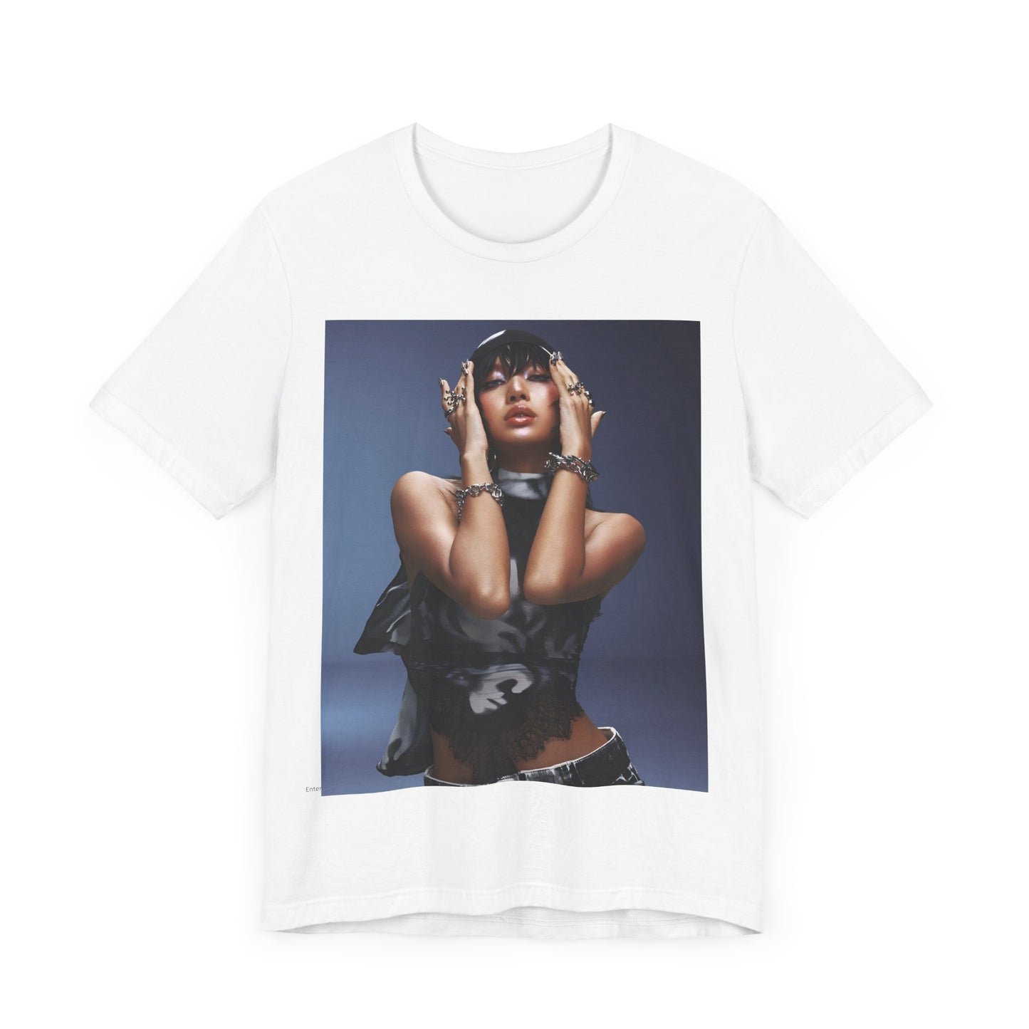 A black graphic t-shirt featuring a bold visual graphic of Lisa from K-Pop.