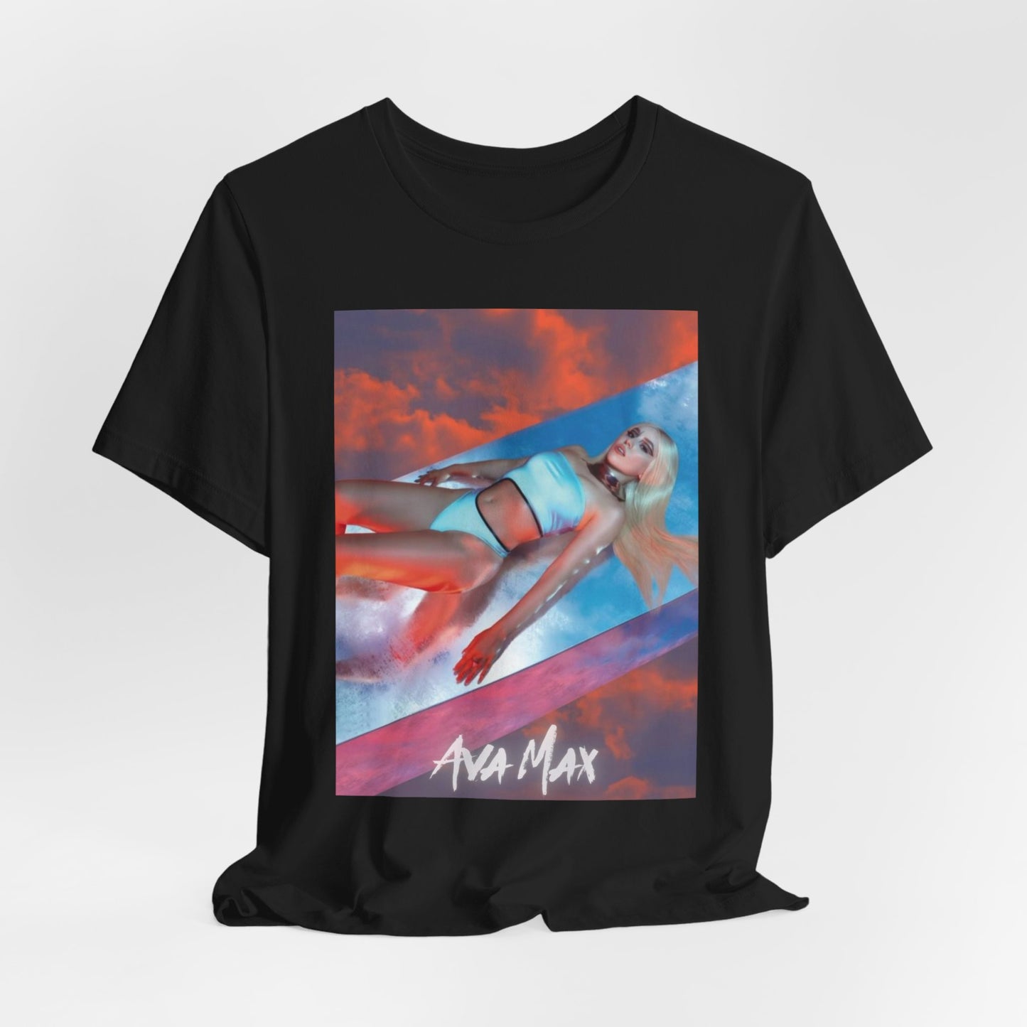 A black graphic t-shirt featuring a neon pop art style graphic of Ava Max, with bright, glowing colors.