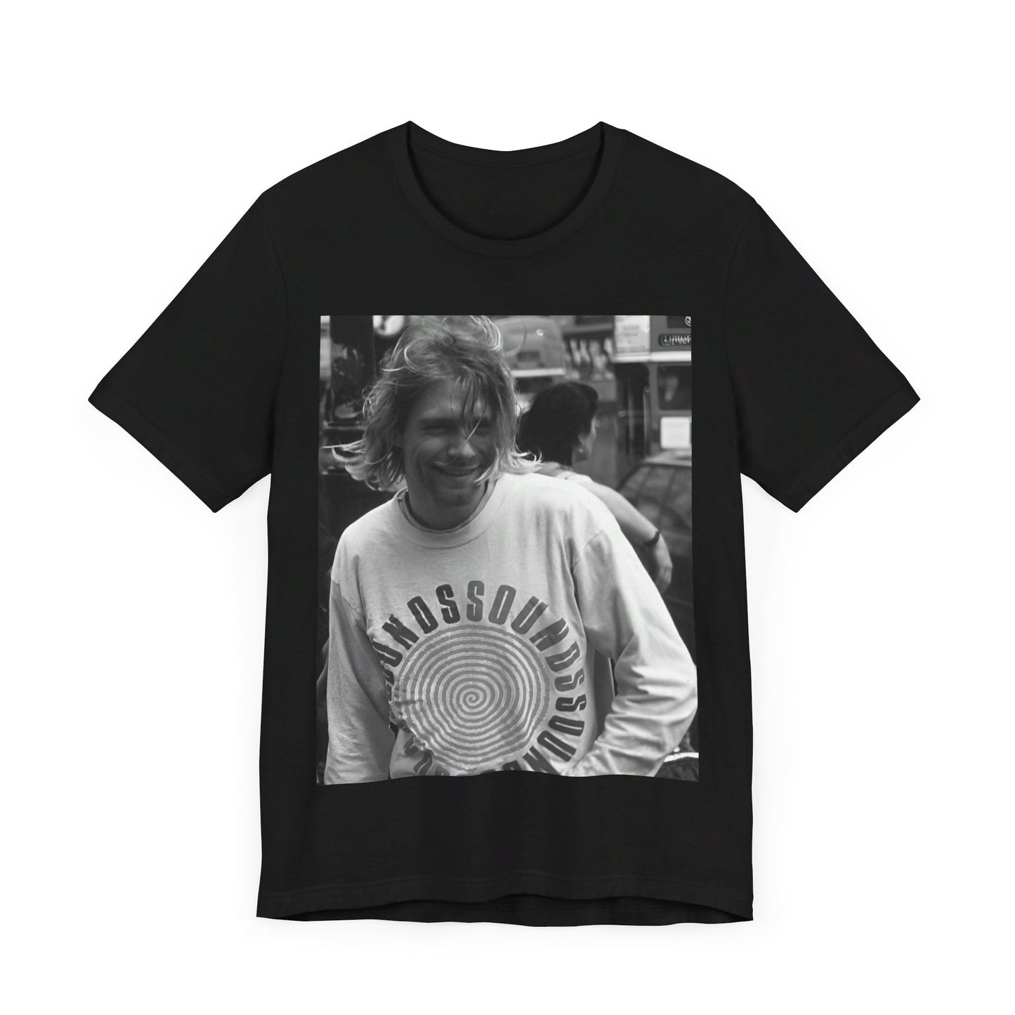 A black graphic t-shirt featuring a vintage rock legends graphic of Nirvana.