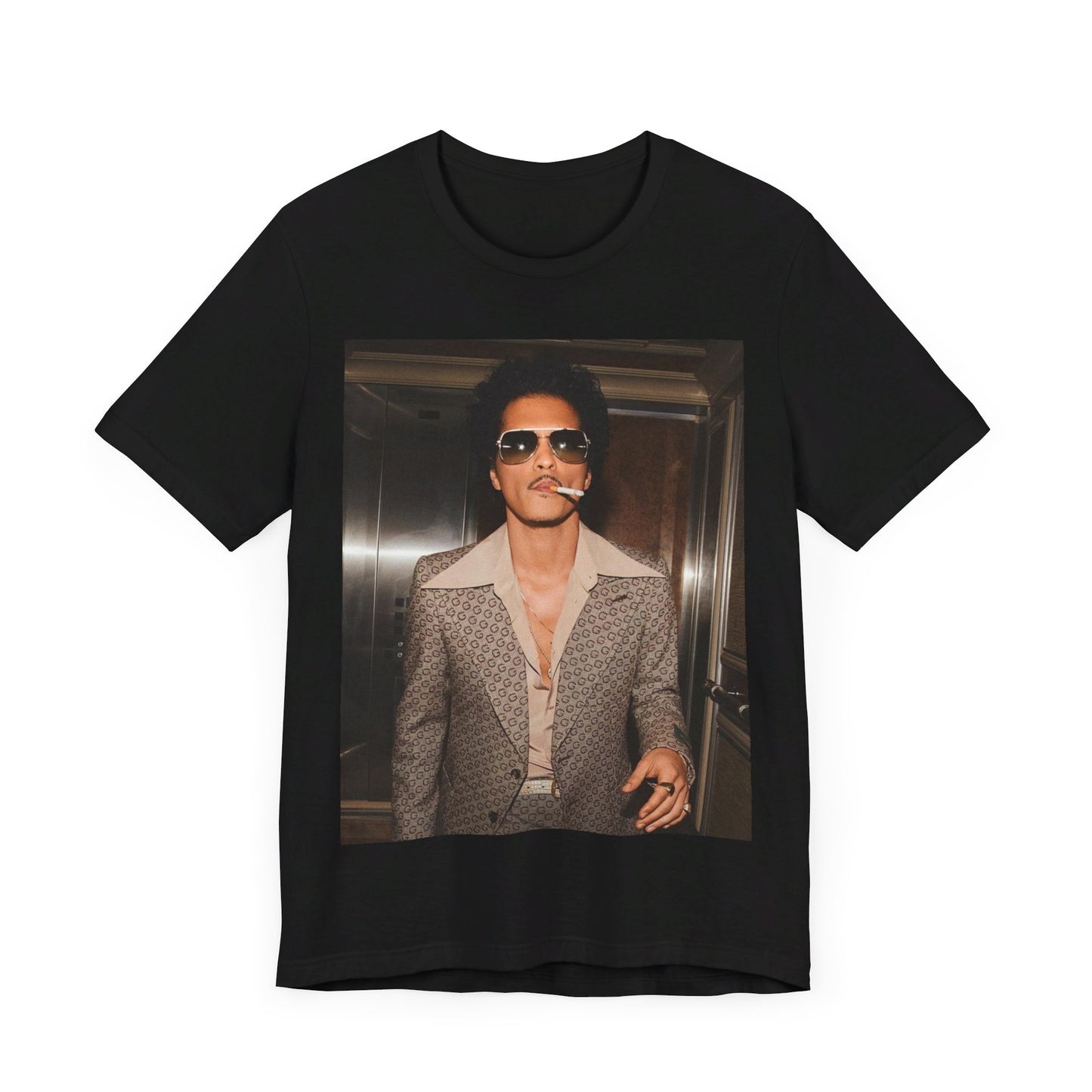 A black graphic t-shirt featuring a retro photo of Bruno Mars with a funk-inspired aesthetic.