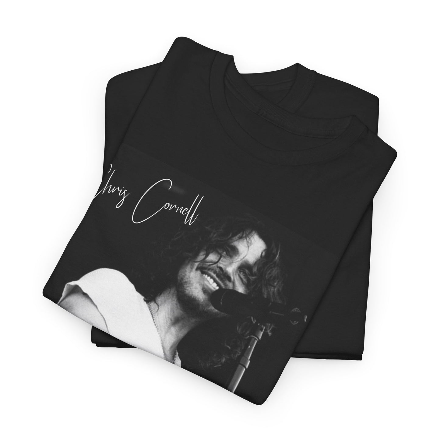 A black graphic t-shirt featuring a black and white graphic of Chris Cornell, evoking the Seattle rock sound.
