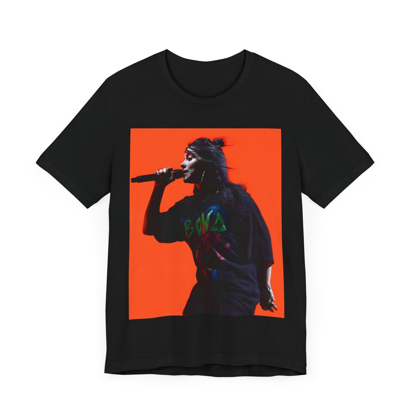 The official 'Blohsh' stick figure logo of Billie Eilish, printed in a single color on a graphic t-shirt.