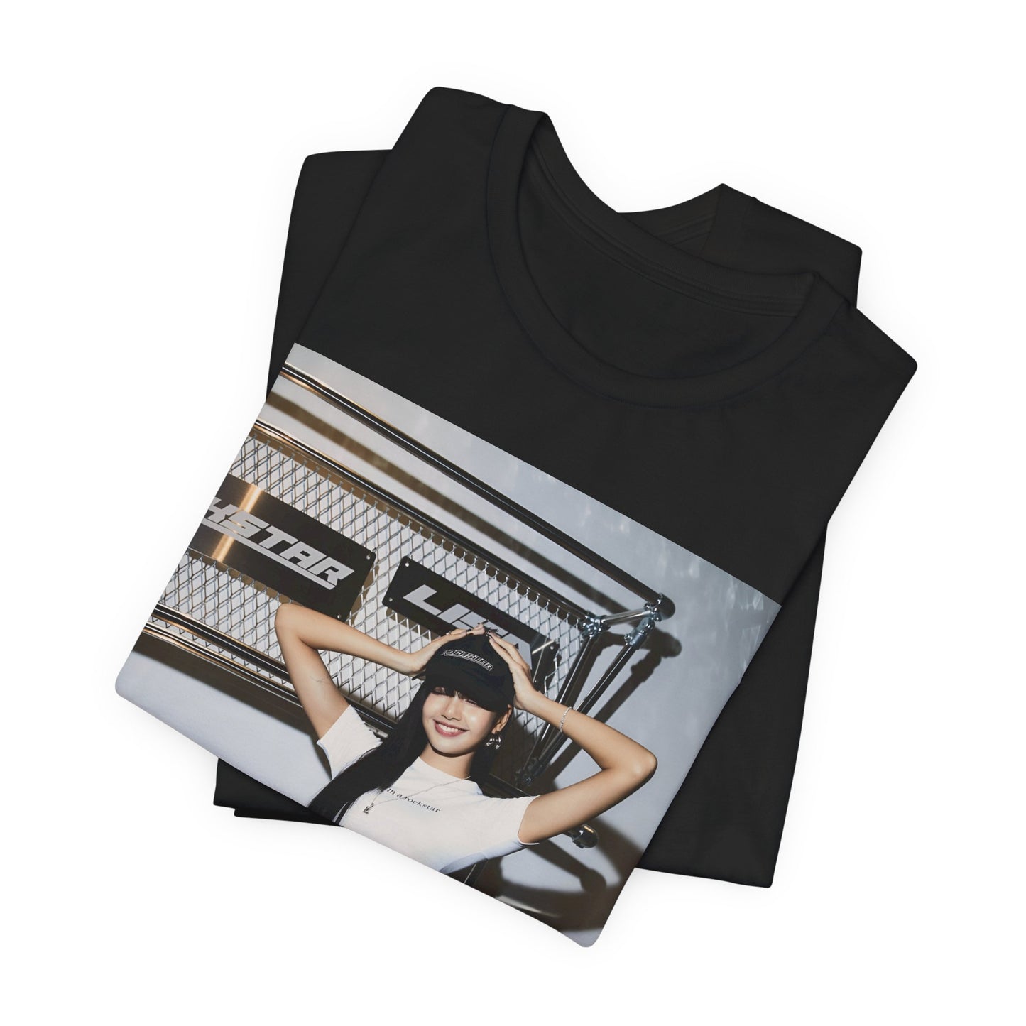 A black graphic t-shirt featuring a graphic of Lisa as a street K-Pop style queen.