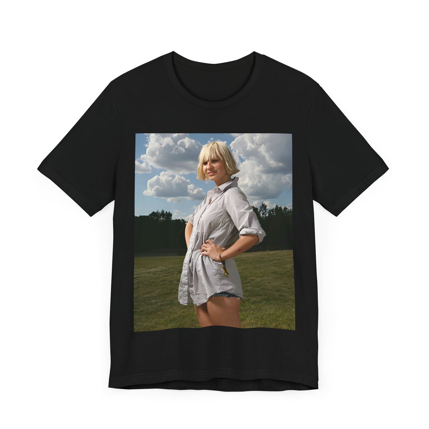 A black graphic t-shirt featuring a bold graphic of Sia as a pop superstar.