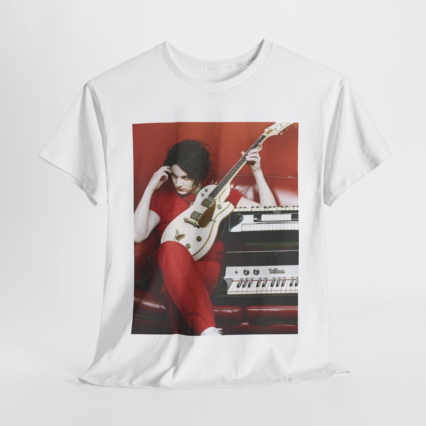 A black graphic t-shirt featuring a retro graphic of The White Stripes with a garage rock aesthetic.