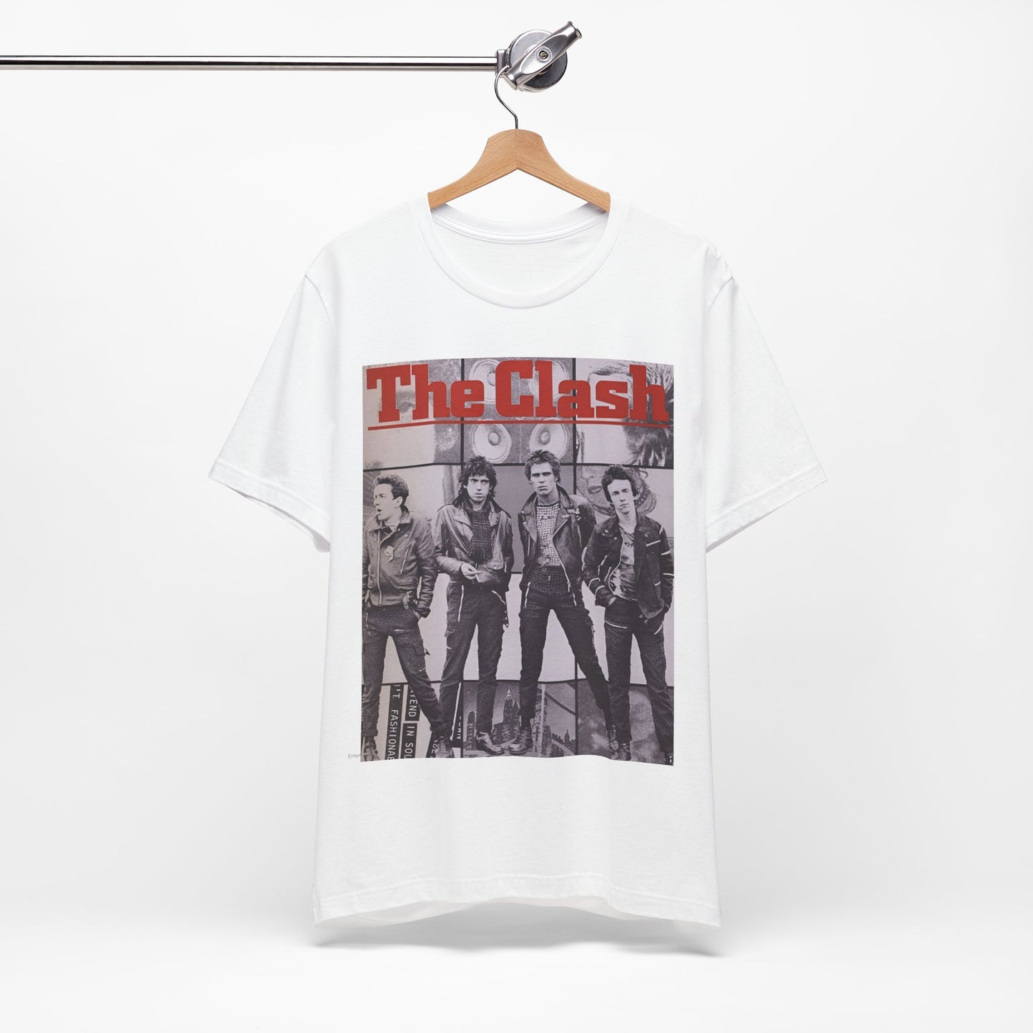 A black graphic t-shirt featuring a 70s retro punk superstar graphic of The Clash.
