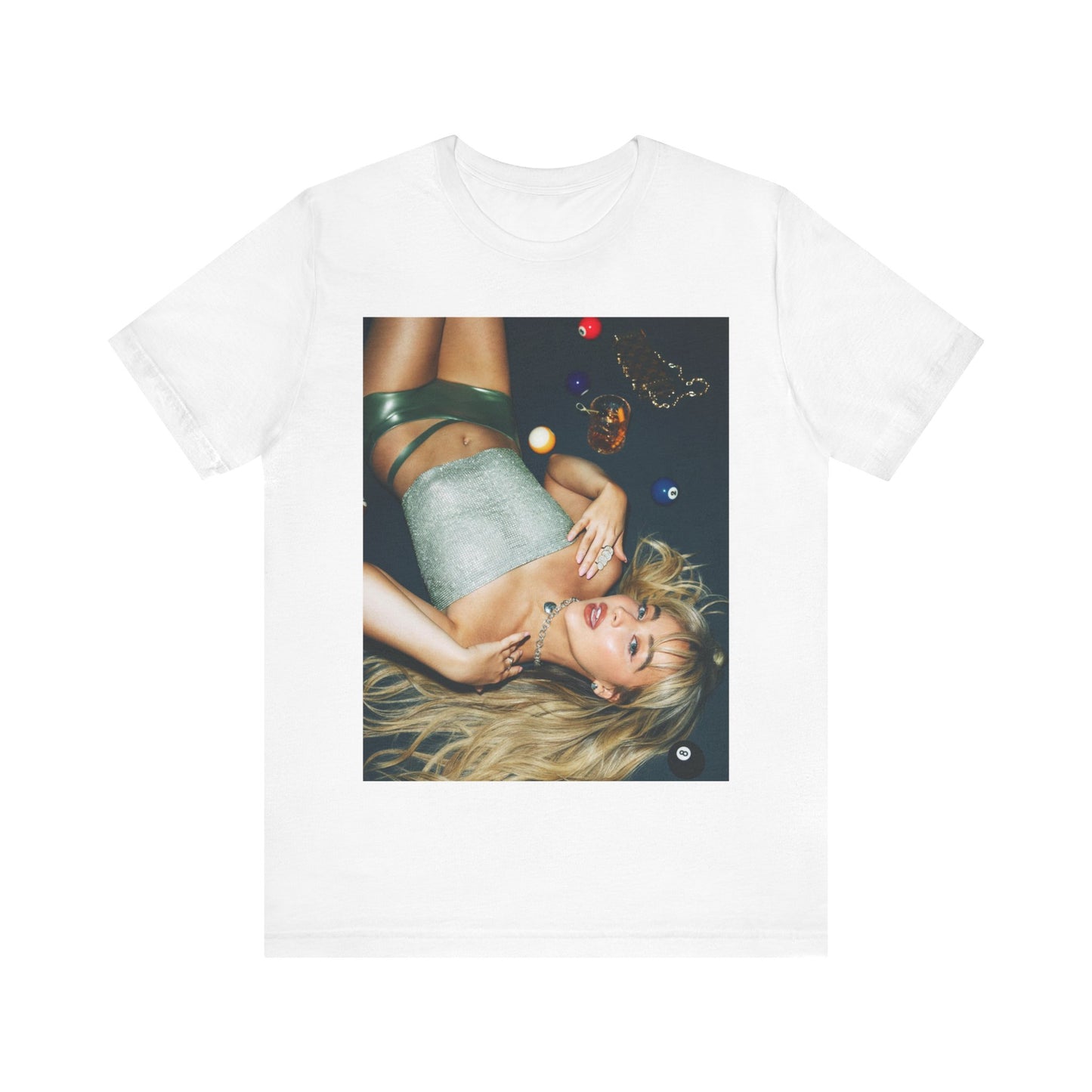 A black graphic t-shirt featuring a vintage pop icon graphic of Sabrina Carpenter.