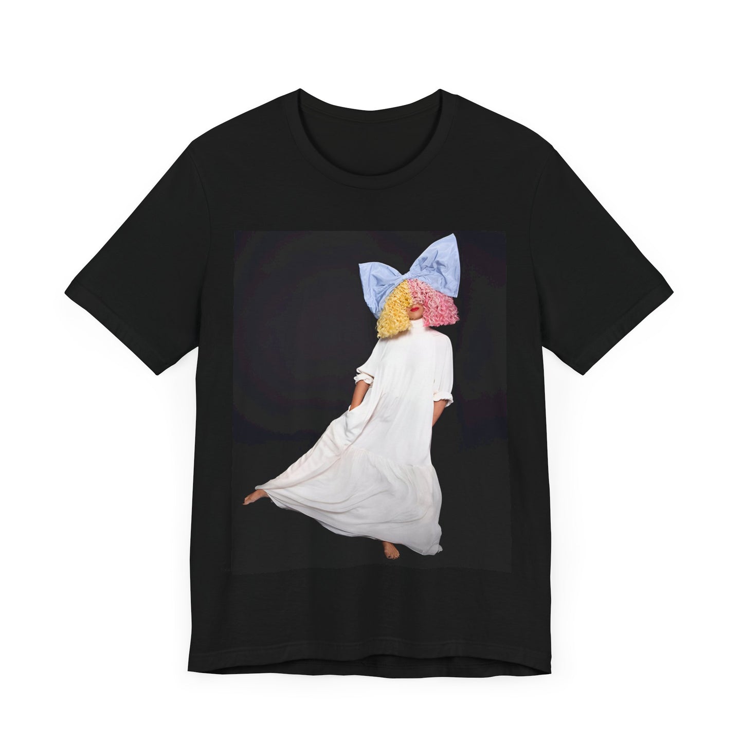 A black graphic t-shirt featuring a vintage pop icon graphic of Sia.