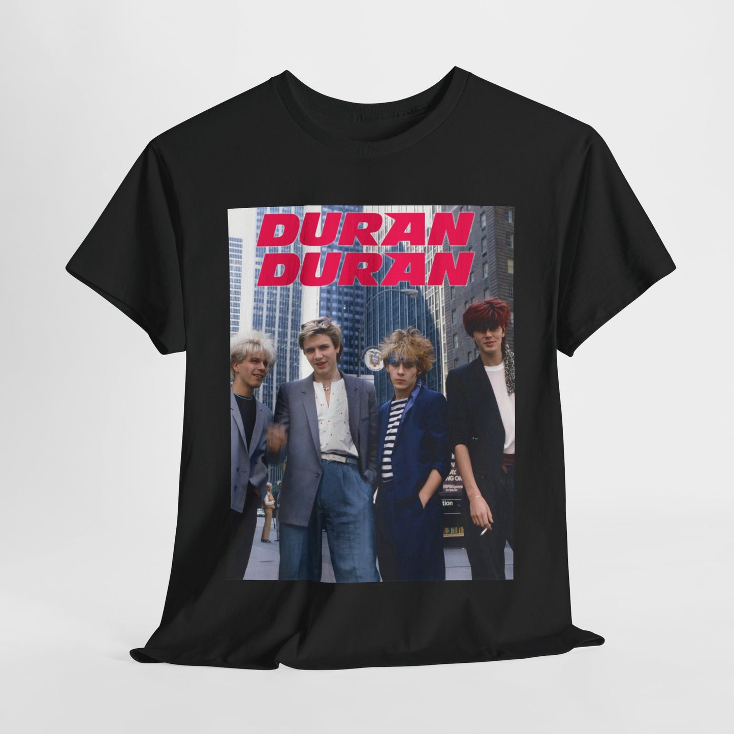 A black graphic t-shirt featuring a vintage 80s new romantic graphic of Duran Duran.