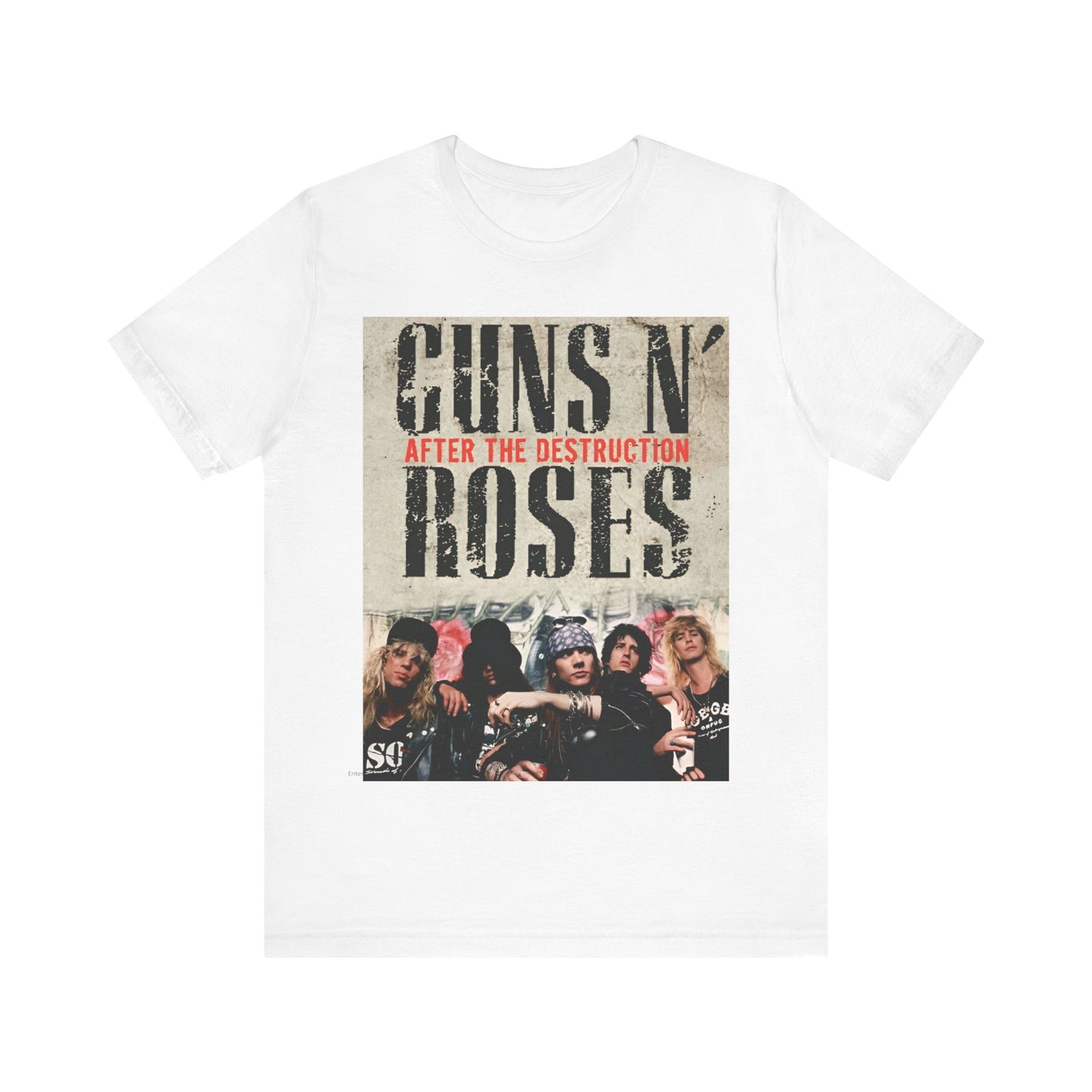 A black graphic t-shirt featuring a graphic related to Guns N' Roses, with a theme of 'after the destruction'.