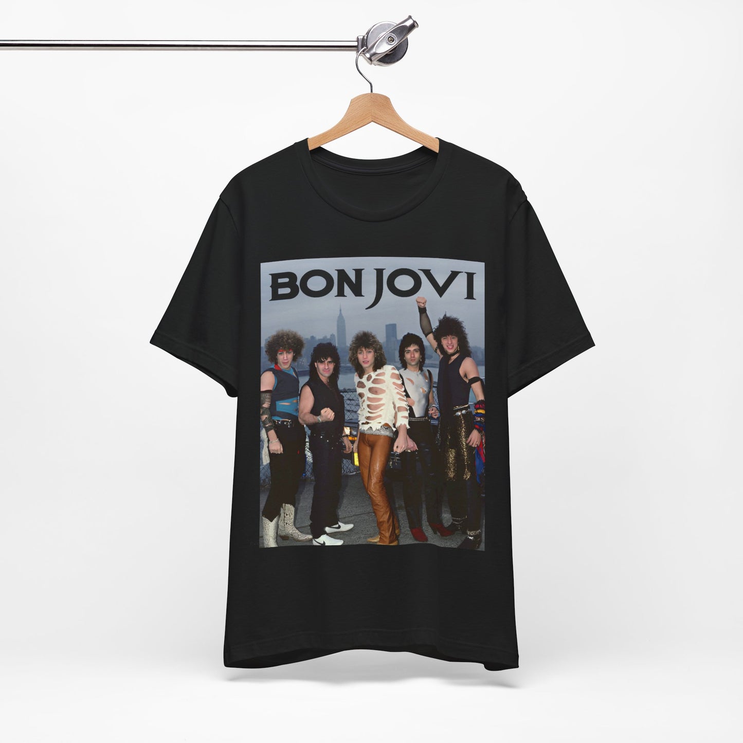A black graphic t-shirt featuring a graphic related to Bon Jovi's 'Livin' on a Prayer' song or era from the 1980s.