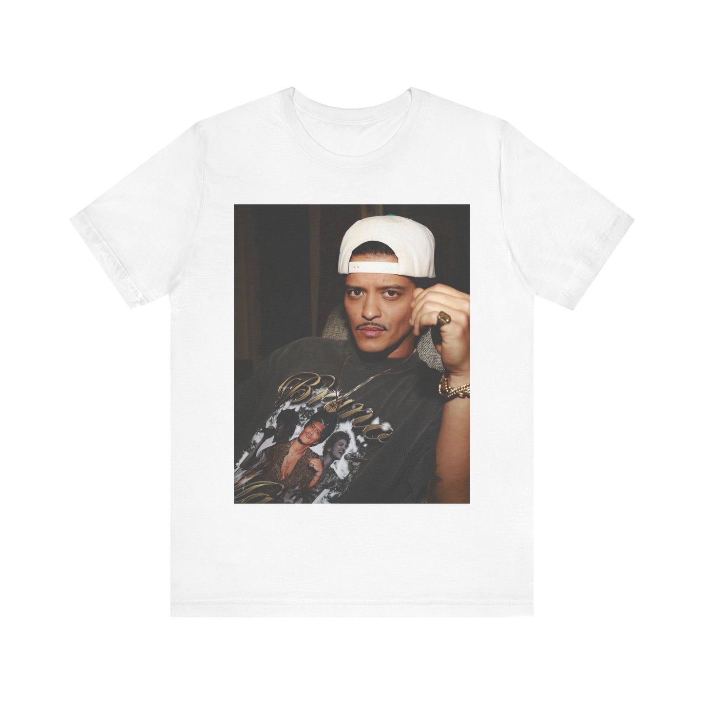 A black graphic t-shirt featuring a vintage aesthetic graphic of Bruno Mars.