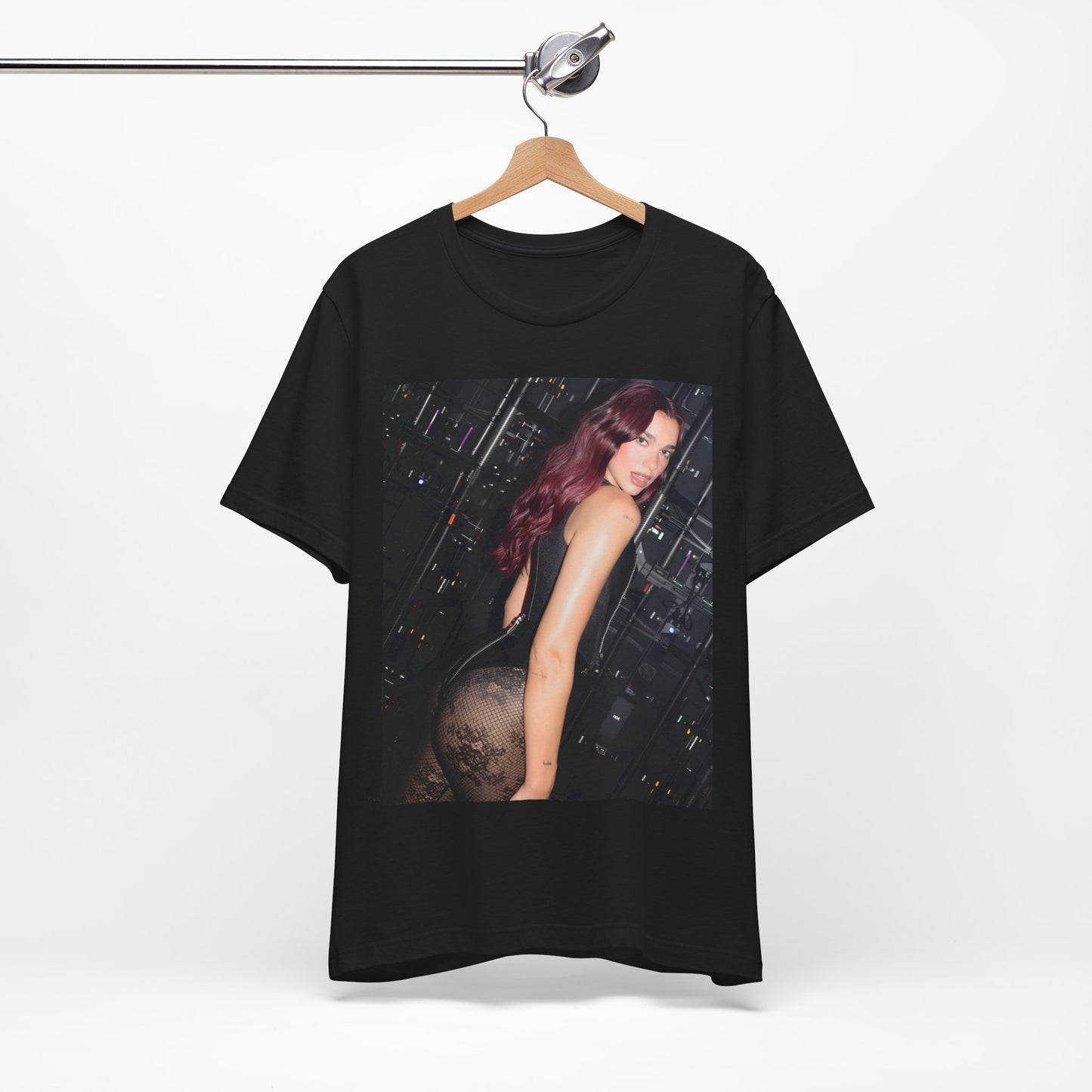A black graphic t-shirt featuring a graphic related to Dua Lipa's "Houdini" new era.