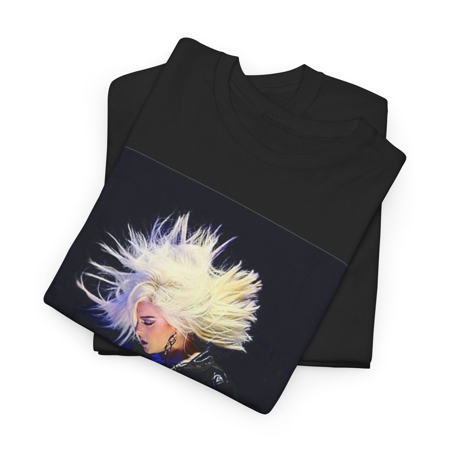 A black graphic t-shirt featuring a retro-style graphic of Bebe Rexha in a posed, aesthetic manner.