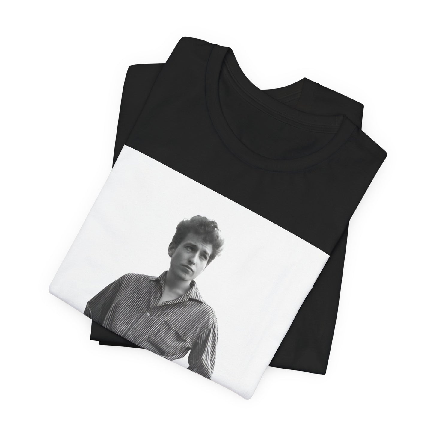 A black graphic t-shirt featuring a vintage 60s folk aesthetic graphic of Bob Dylan.
