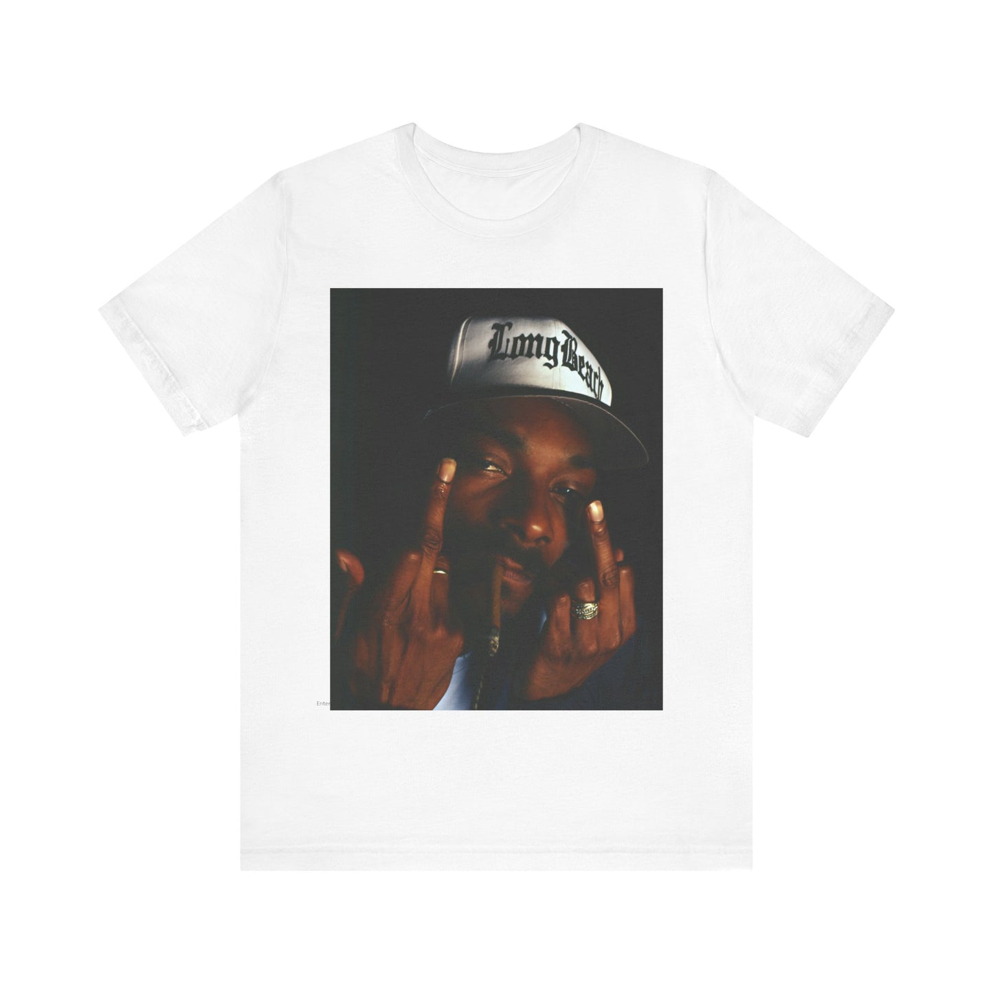 A black graphic t-shirt featuring a graphic of Snoop Dogg giving the middle finger.