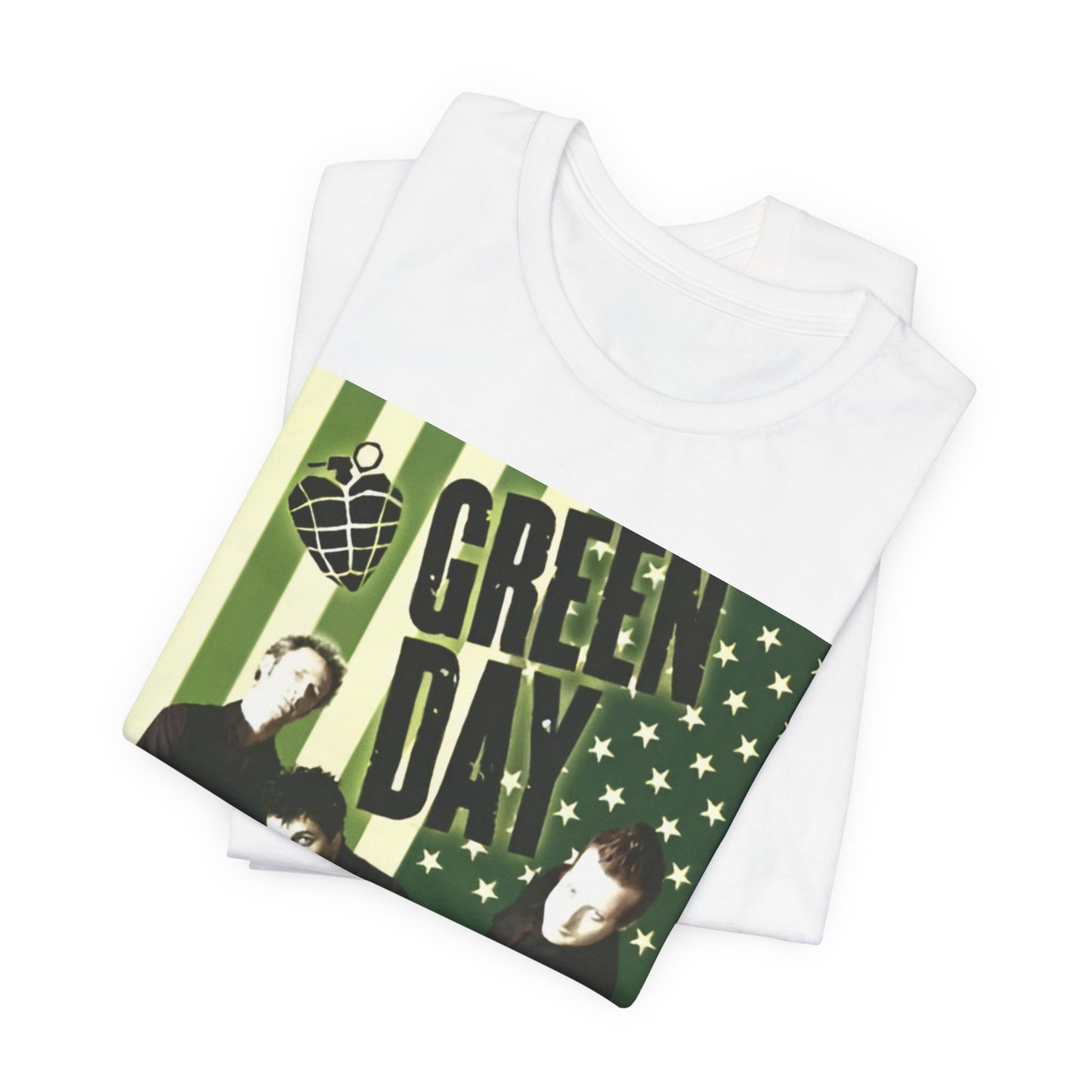 A black graphic t-shirt featuring a graphic related to Green Day's 'American Idiot' album era.