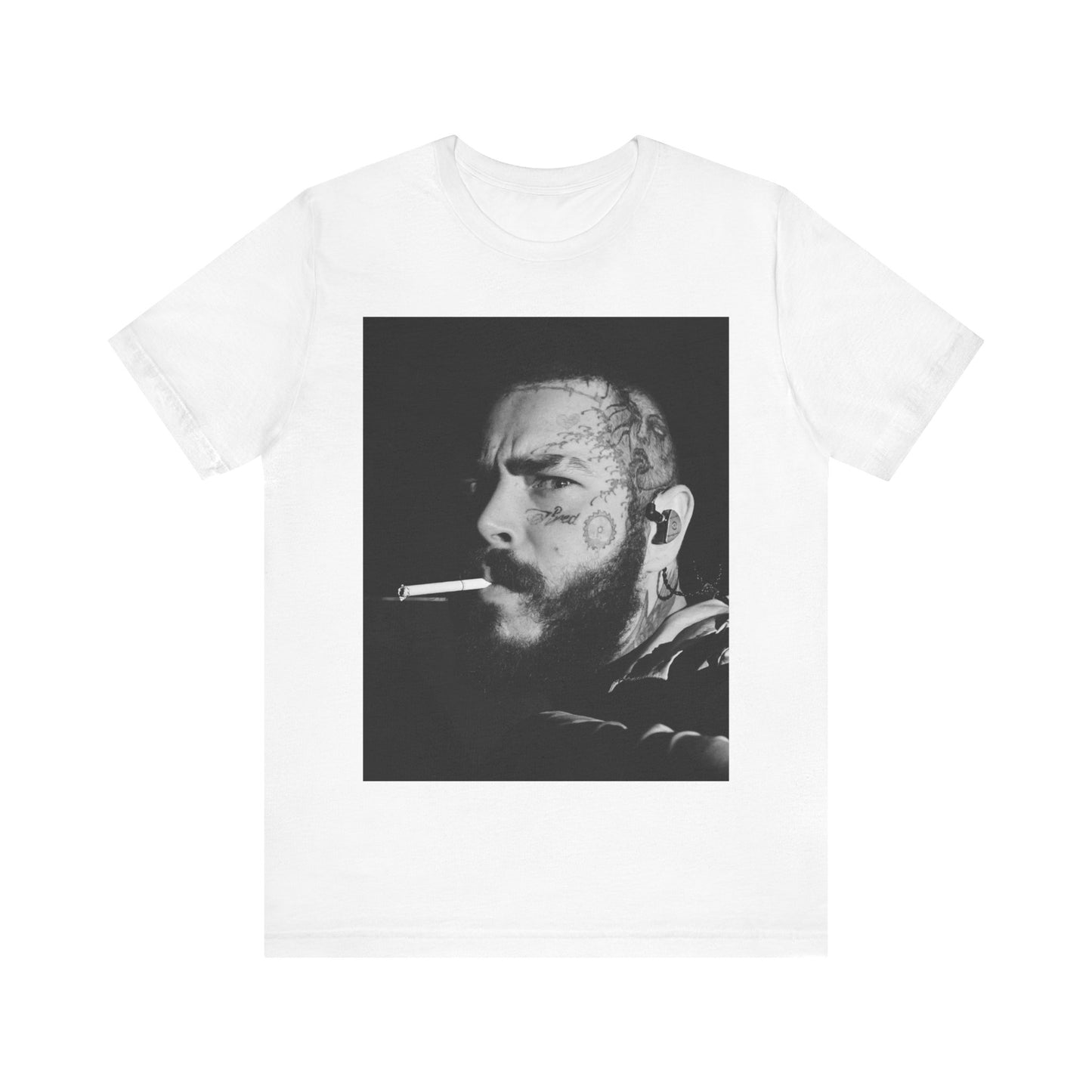 A black graphic t-shirt featuring a black and white portrait graphic of Post Malone.