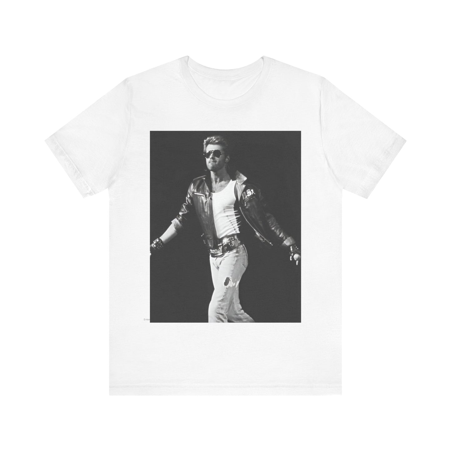 A black graphic t-shirt featuring a retro black and white monochrome graphic or photo of George Michael.