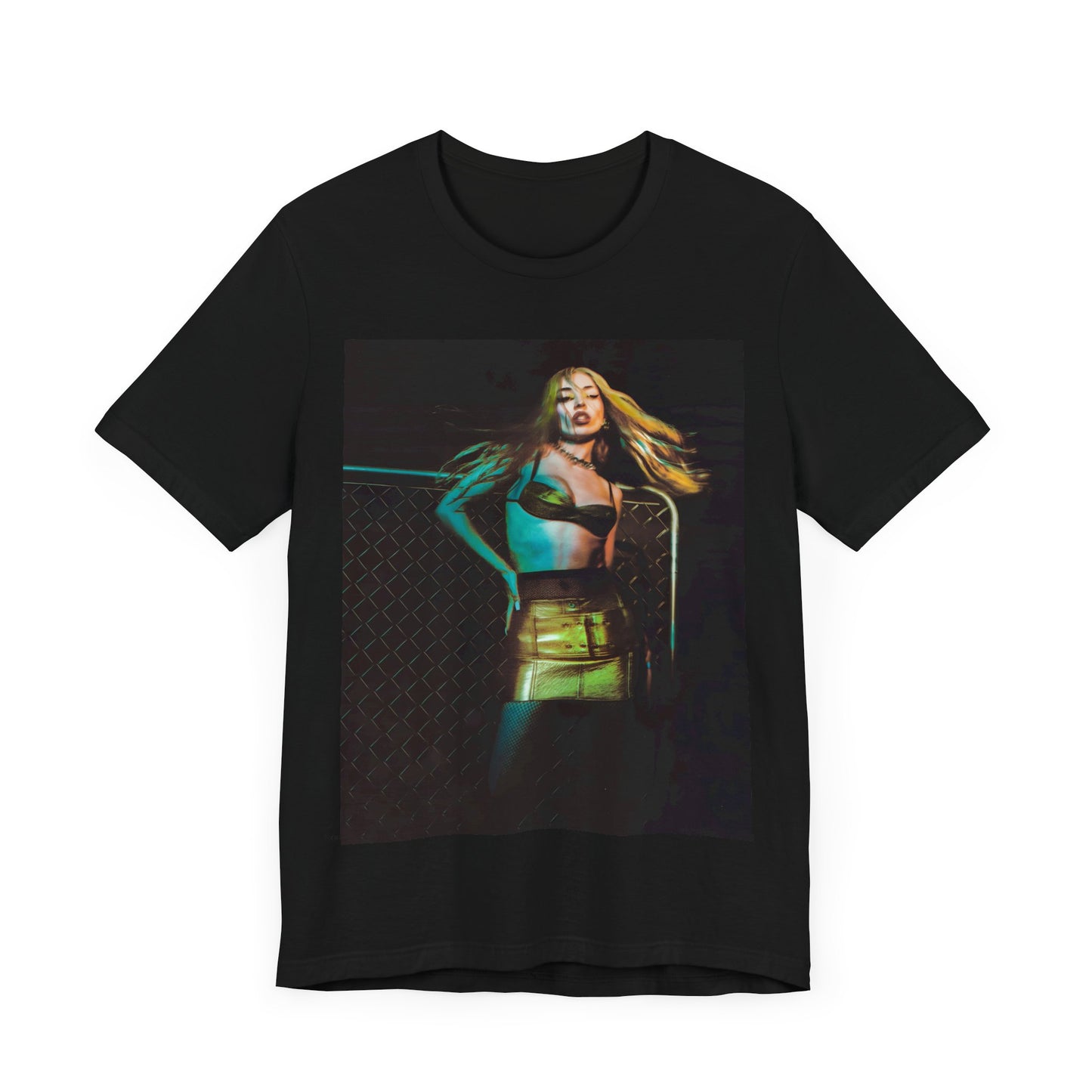 A black graphic t-shirt featuring a neon pop art style graphic of Ava Max, with bright, glowing colors and possibly a 'Pop Queen' title.