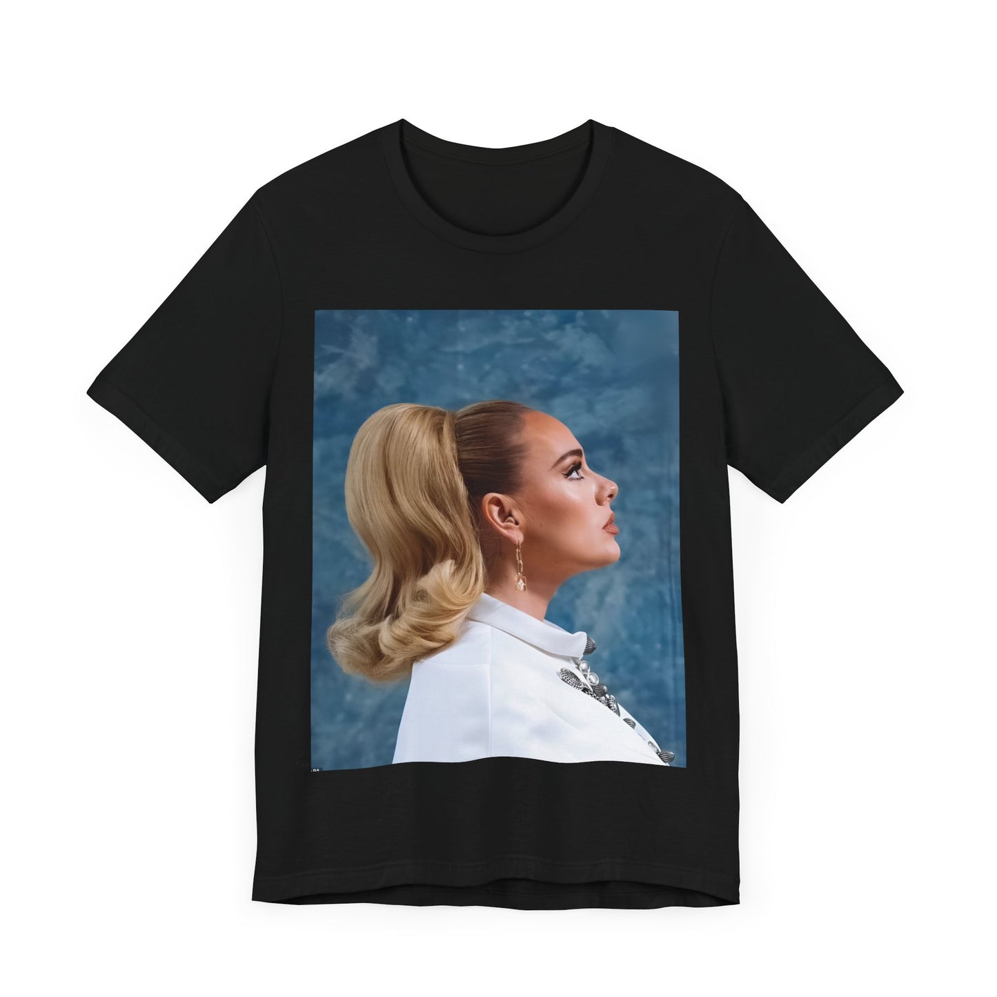 A black graphic t-shirt featuring a black and white photo of Adele in a vintage glamorous look, with classic hair and makeup.
