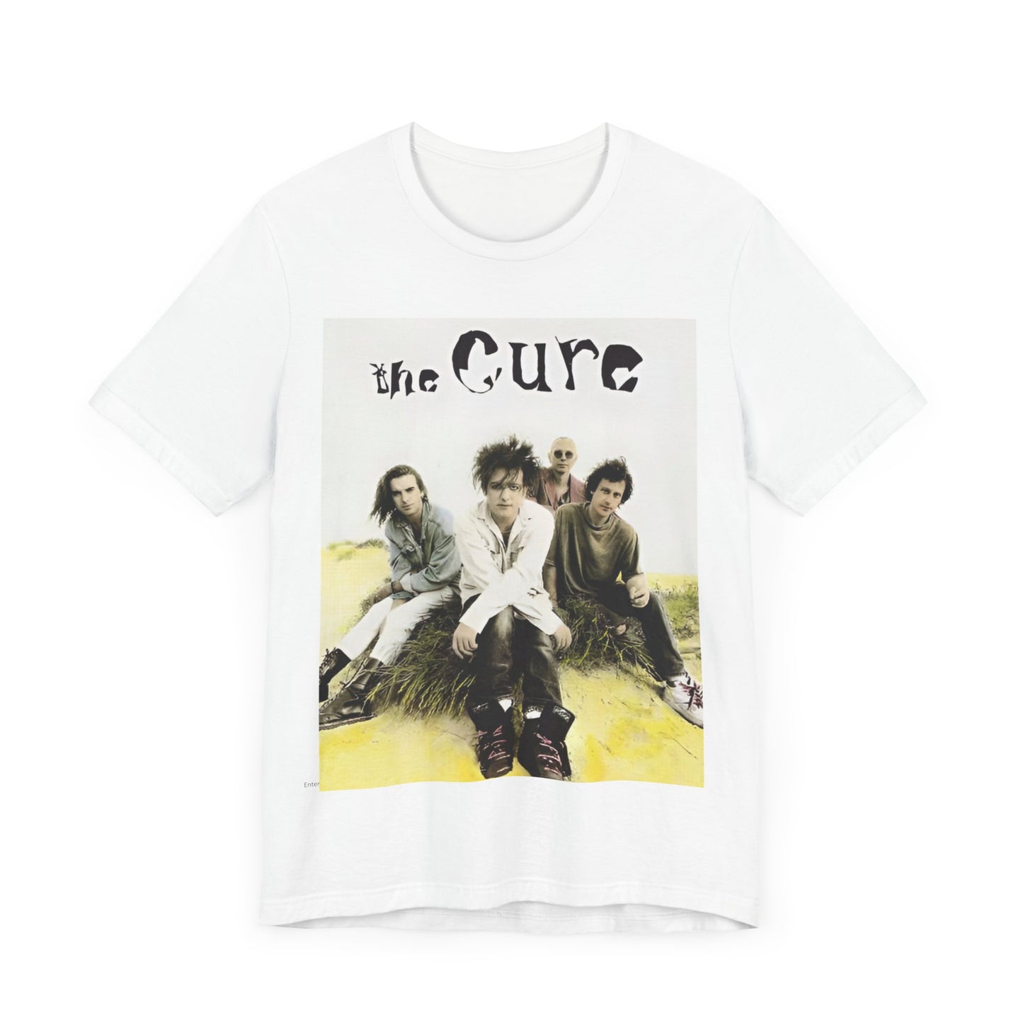 A black graphic t-shirt featuring a graphic of The Cure as post-punk pioneers.