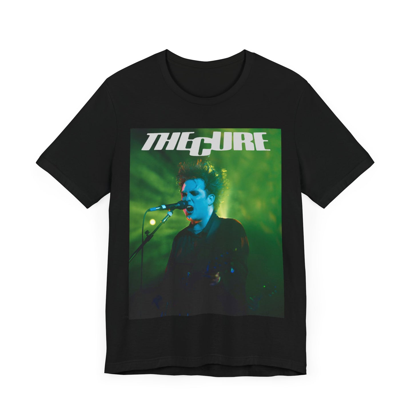 A black graphic t-shirt featuring a graphic or photo of The Cure performing live on stage.