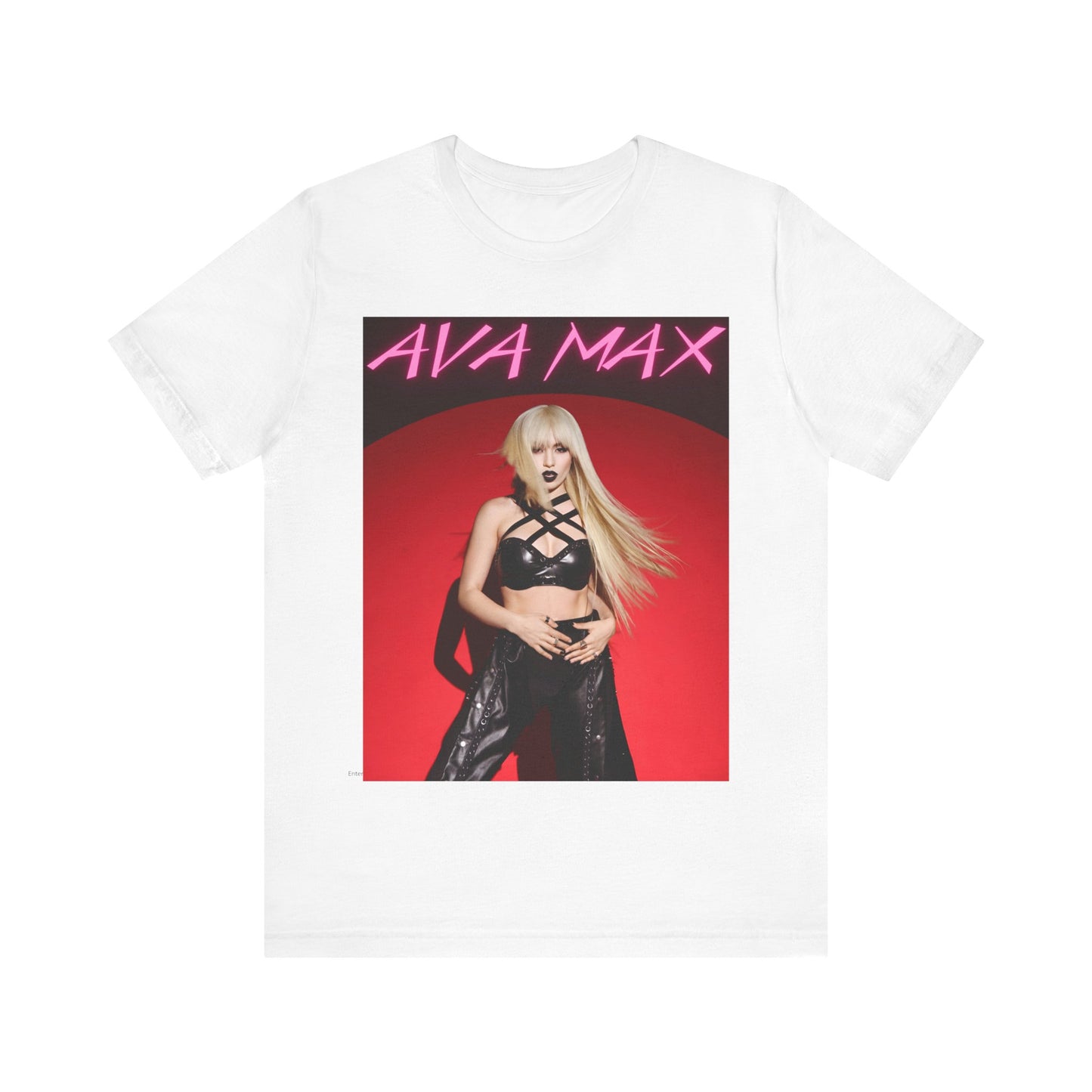 A black graphic t-shirt featuring a stylized graphic of Ava Max, emphasizing her status as a pop icon.