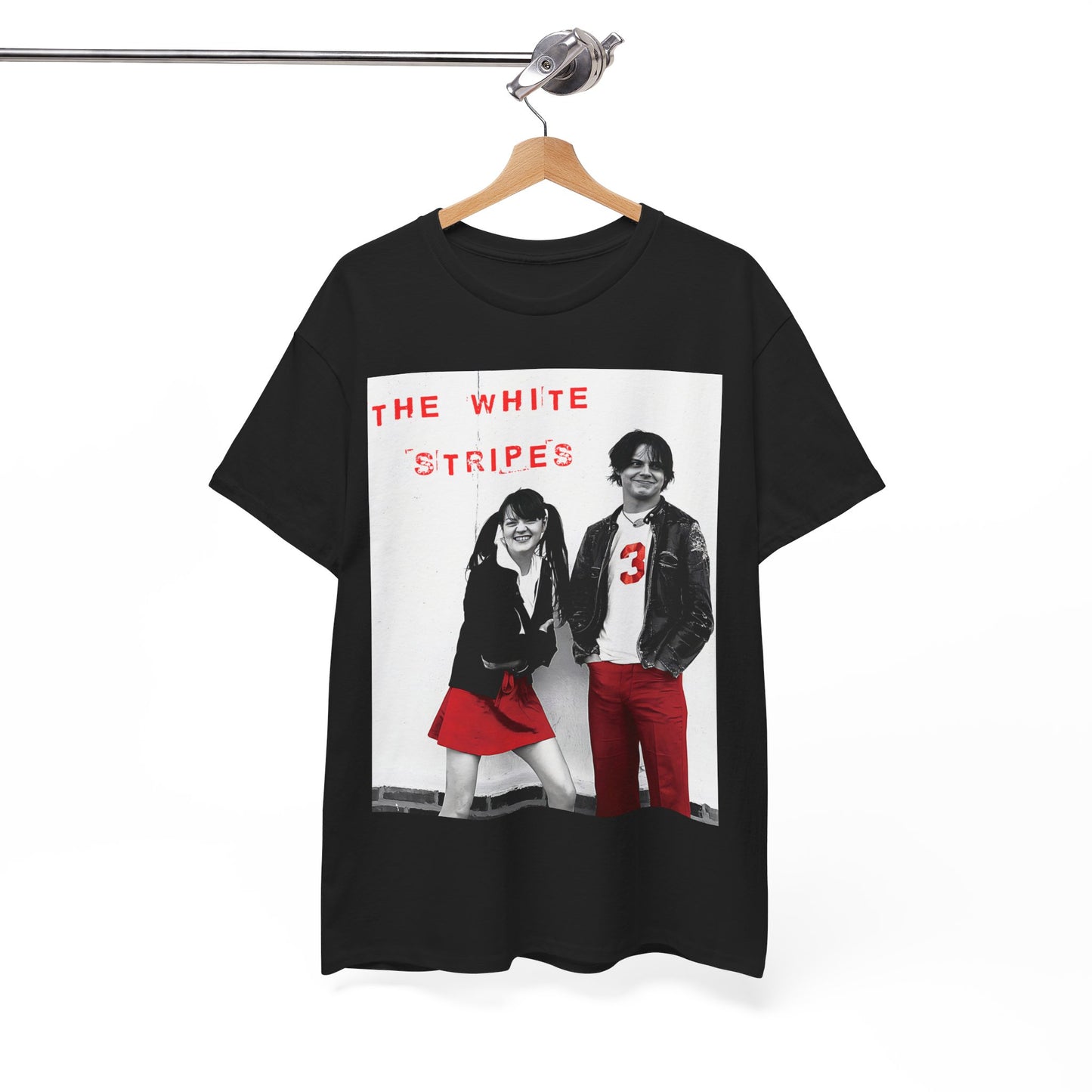 A black graphic t-shirt featuring a fearless attitude graphic of The White Stripes.