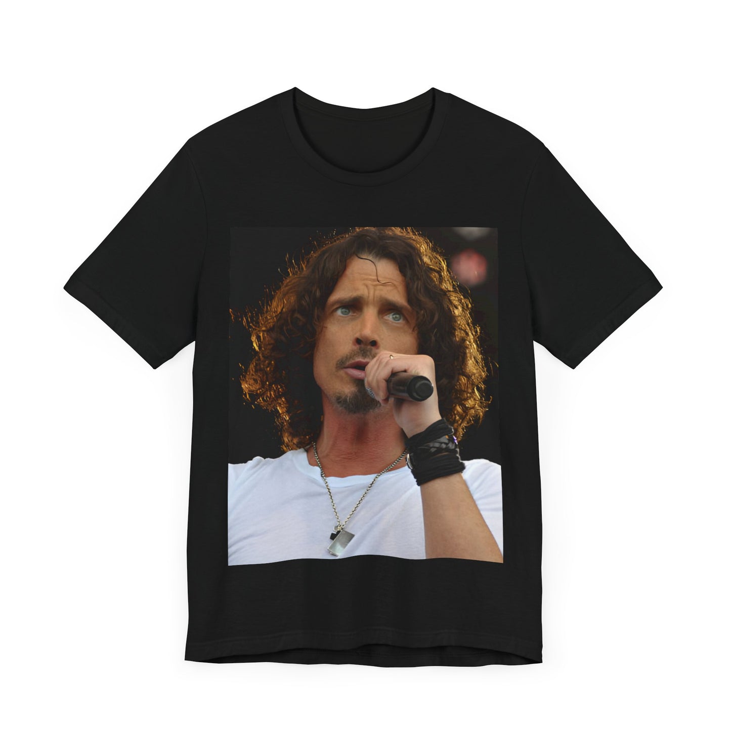 A black graphic t-shirt featuring a graphic related to Chris Cornell's song 'Like a Stone' or Audioslave.