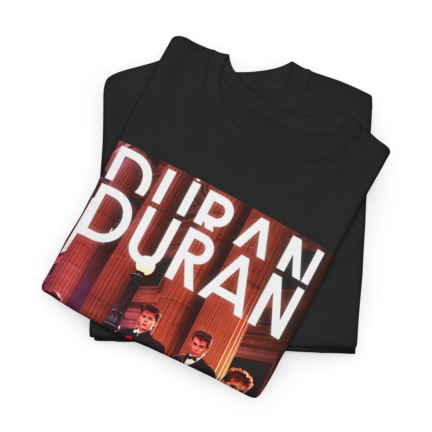 A black graphic t-shirt featuring a vintage 80s new wave graphic of Duran Duran.