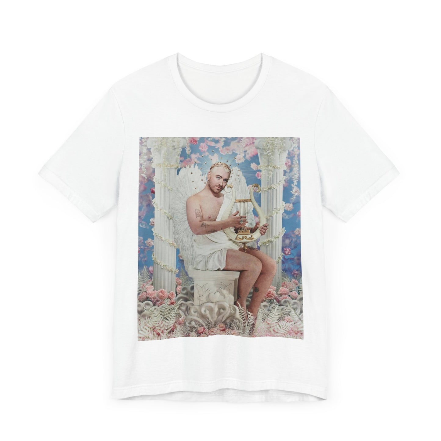 A black graphic t-shirt featuring a heavenly angel pop graphic of Sam Smith.