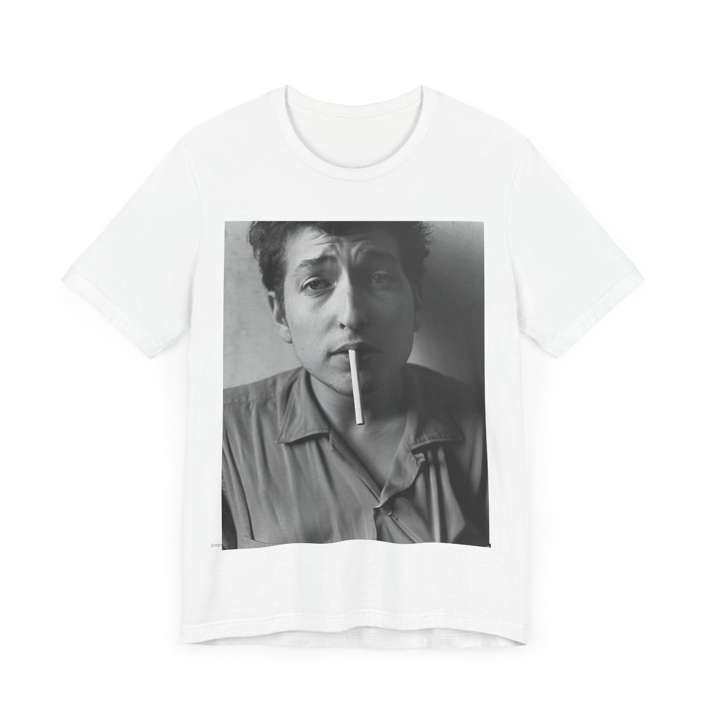 A black graphic t-shirt featuring a graphic of Bob Dylan from the 60s, depicted as a renegade folk icon.