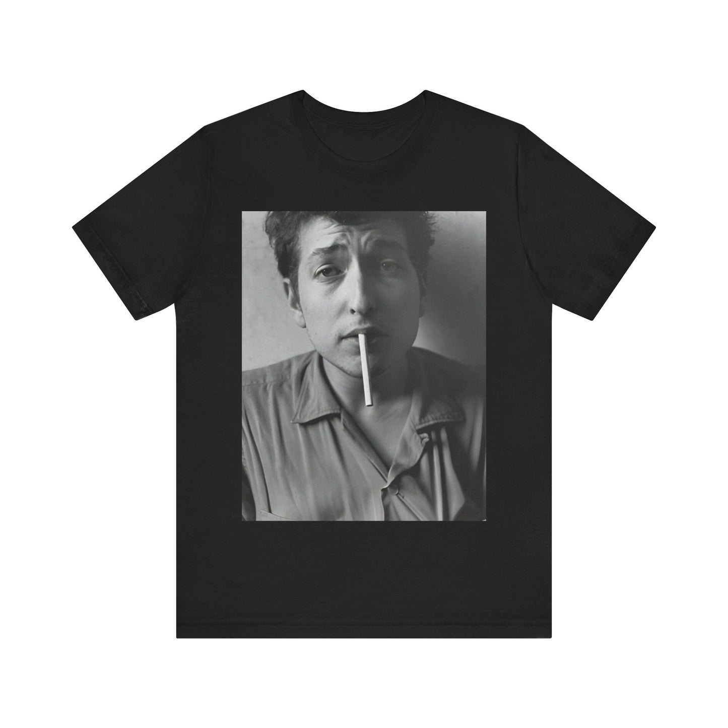 A black graphic t-shirt featuring a graphic of Bob Dylan from the 60s, depicted as a renegade folk icon.