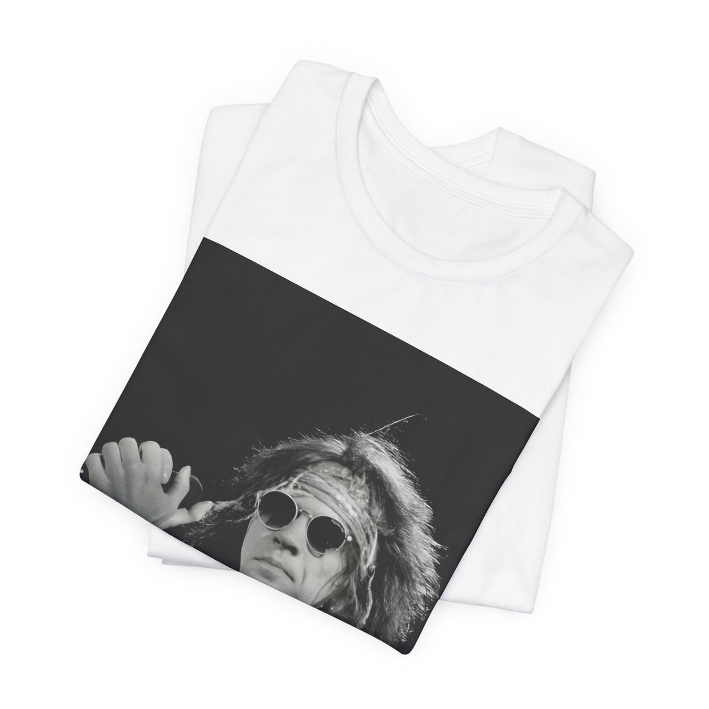 A black graphic t-shirt featuring a vintage graphic related to Bon Jovi's '94 era or "Glory Days".