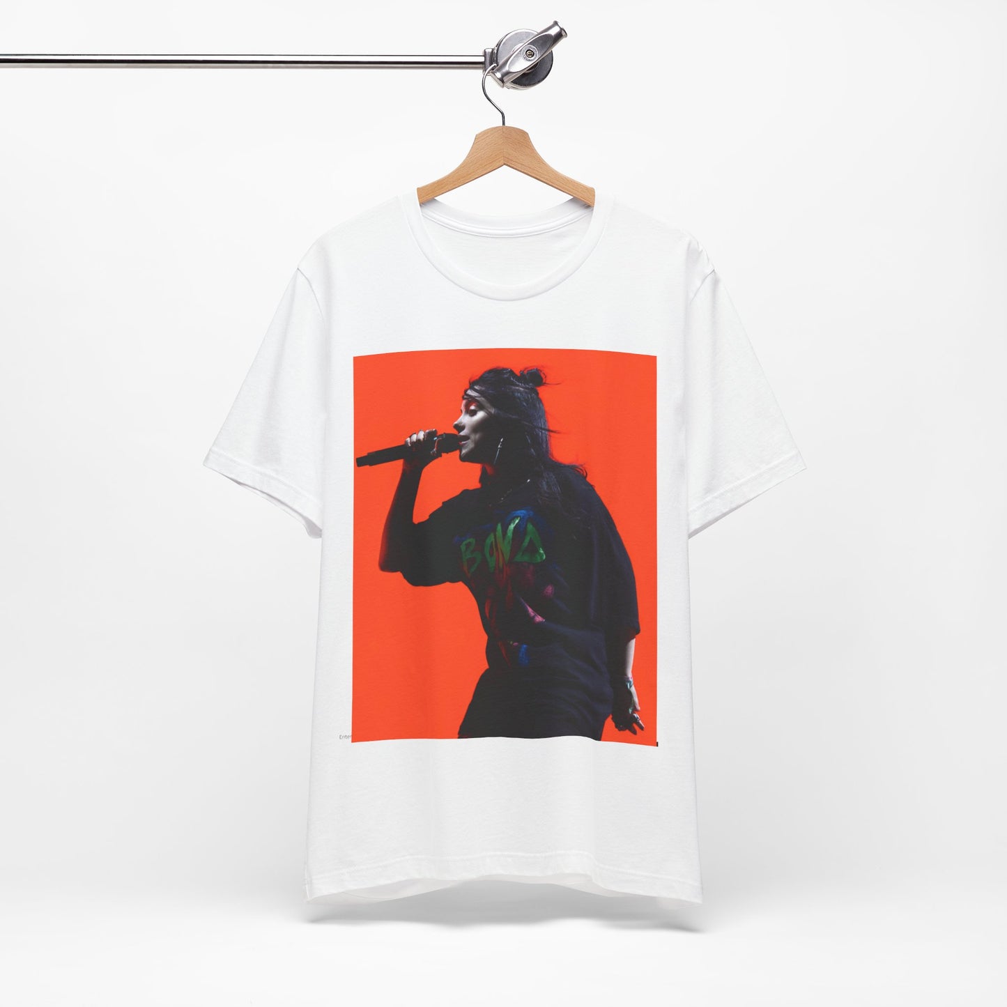 The official 'Blohsh' stick figure logo of Billie Eilish, printed in a single color on a graphic t-shirt.