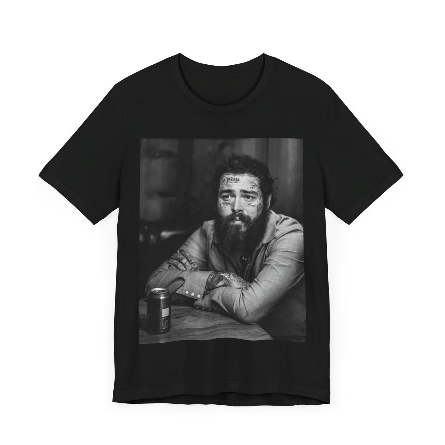 A black graphic t-shirt featuring a black and white, monochrome graphic or photo of Post Malone.