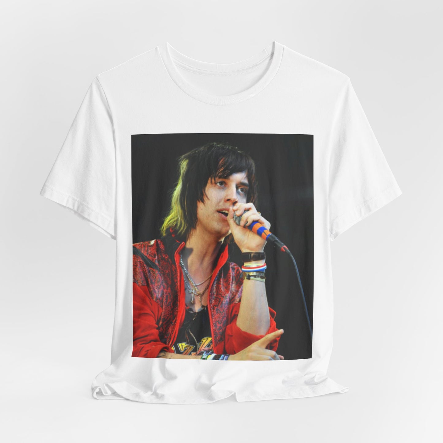 A black graphic t-shirt featuring a vintage indie rock graphic of The Strokes.