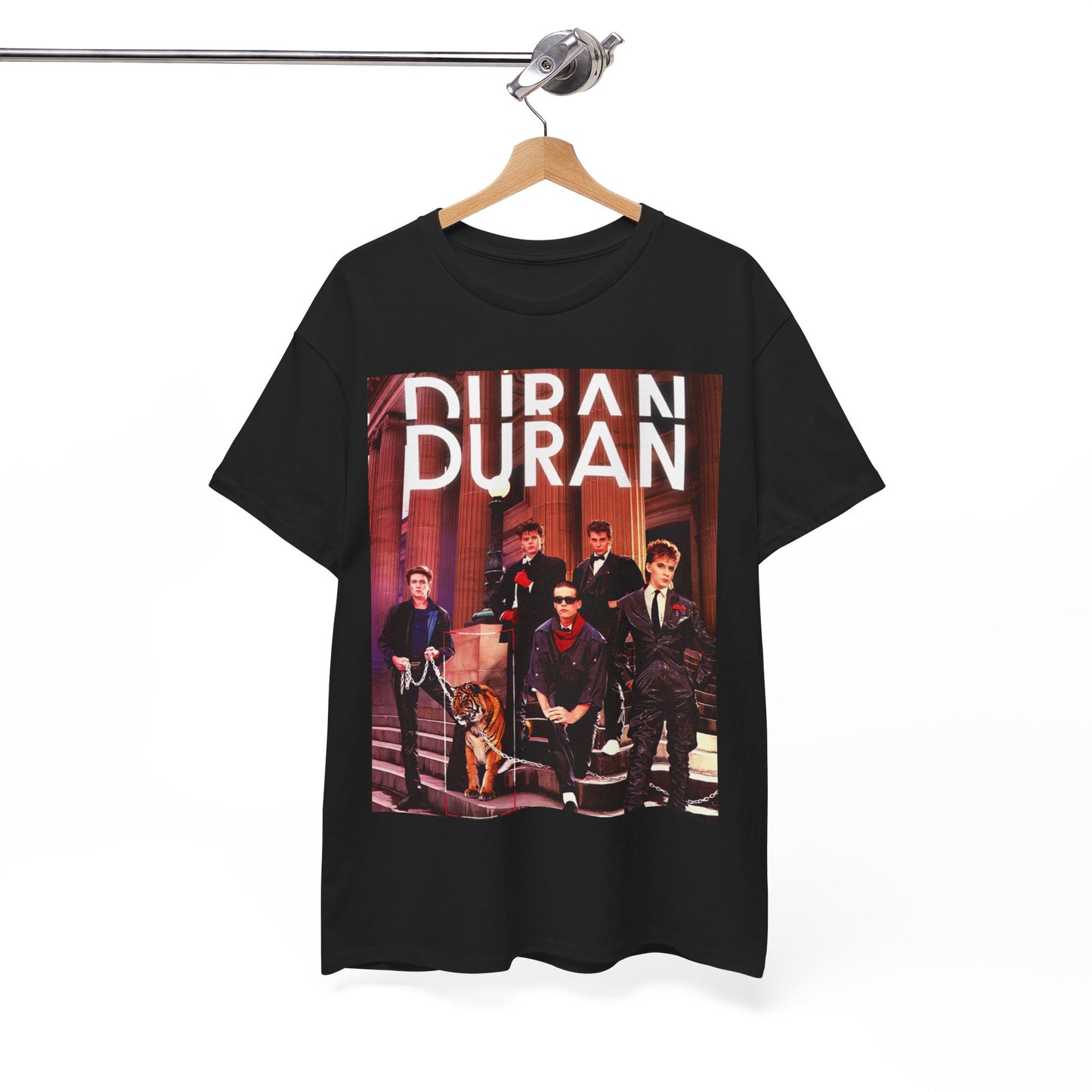 A black graphic t-shirt featuring a vintage 80s new wave graphic of Duran Duran.