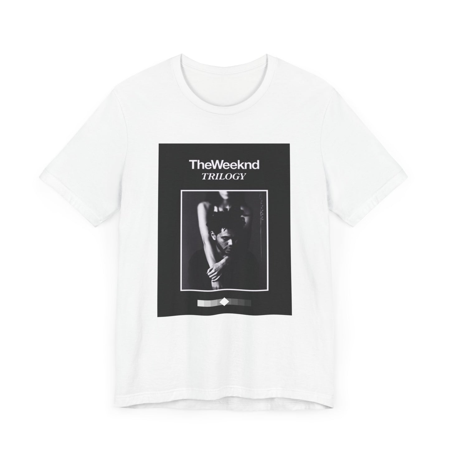 A black graphic t-shirt featuring a graphic related to The Weeknd's 'Trilogy' album.