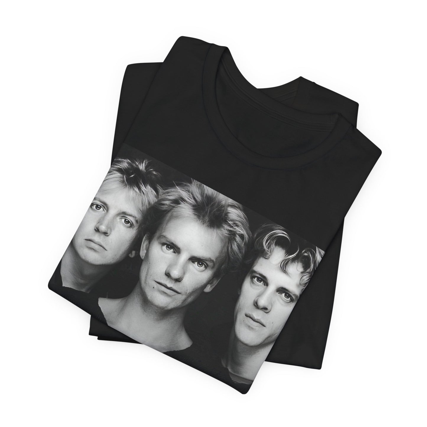 A black graphic t-shirt featuring a graphic related to The Police's 'Every Breath You Take' song or era.