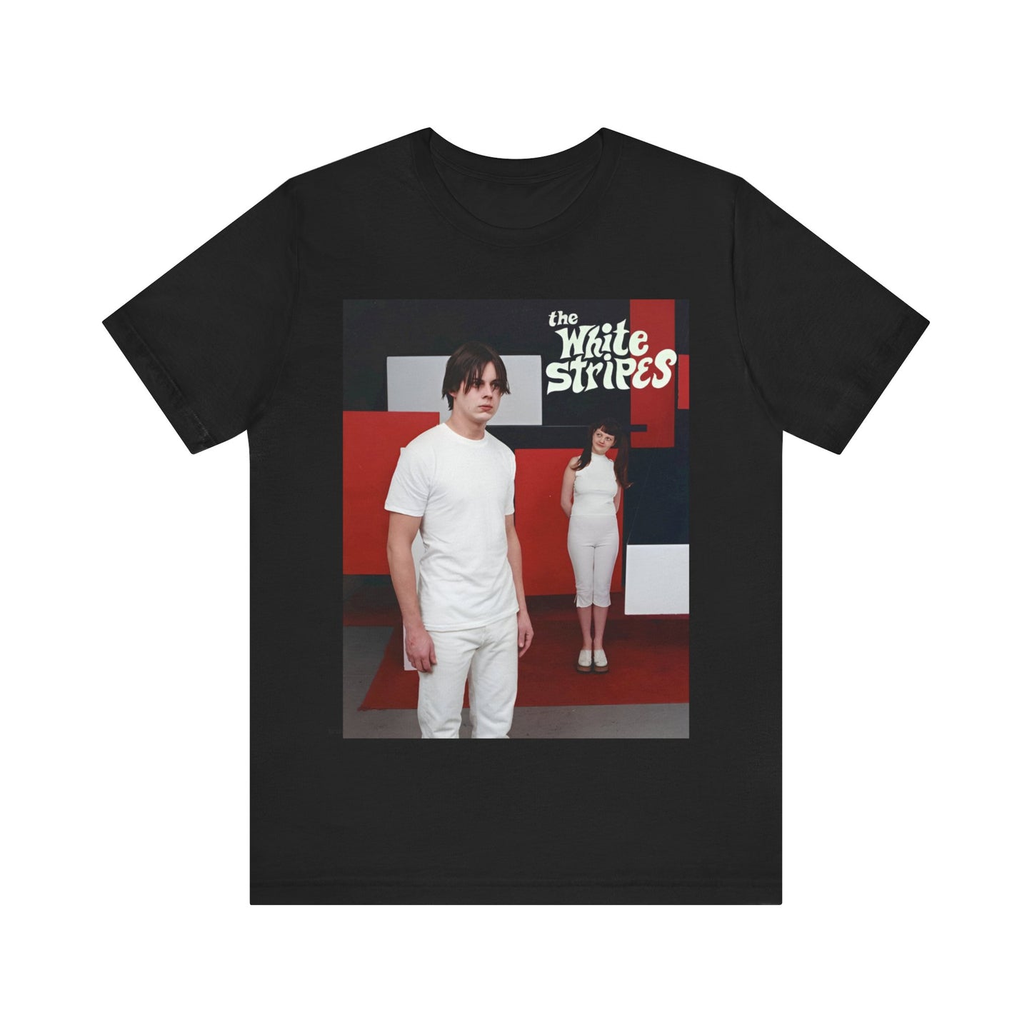 A black graphic t-shirt featuring a red and white aesthetic graphic of The White Stripes.