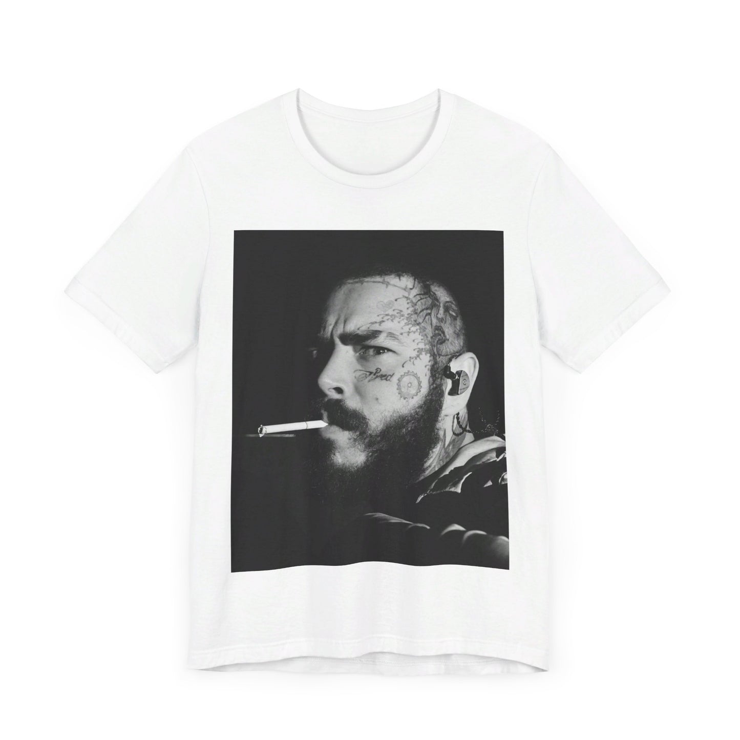 A black graphic t-shirt featuring a black and white portrait graphic of Post Malone.