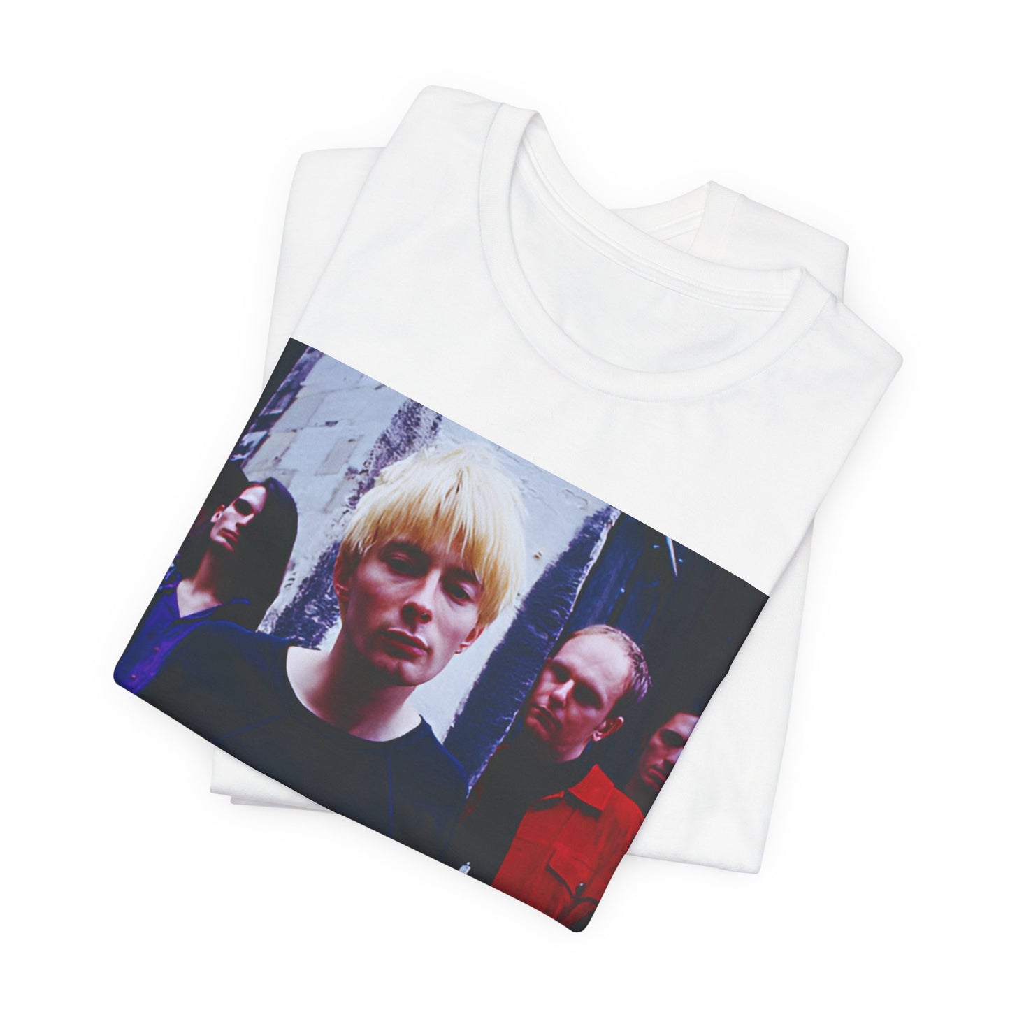 A black graphic t-shirt featuring a graphic of Radiohead as unapologetic art rock icons.